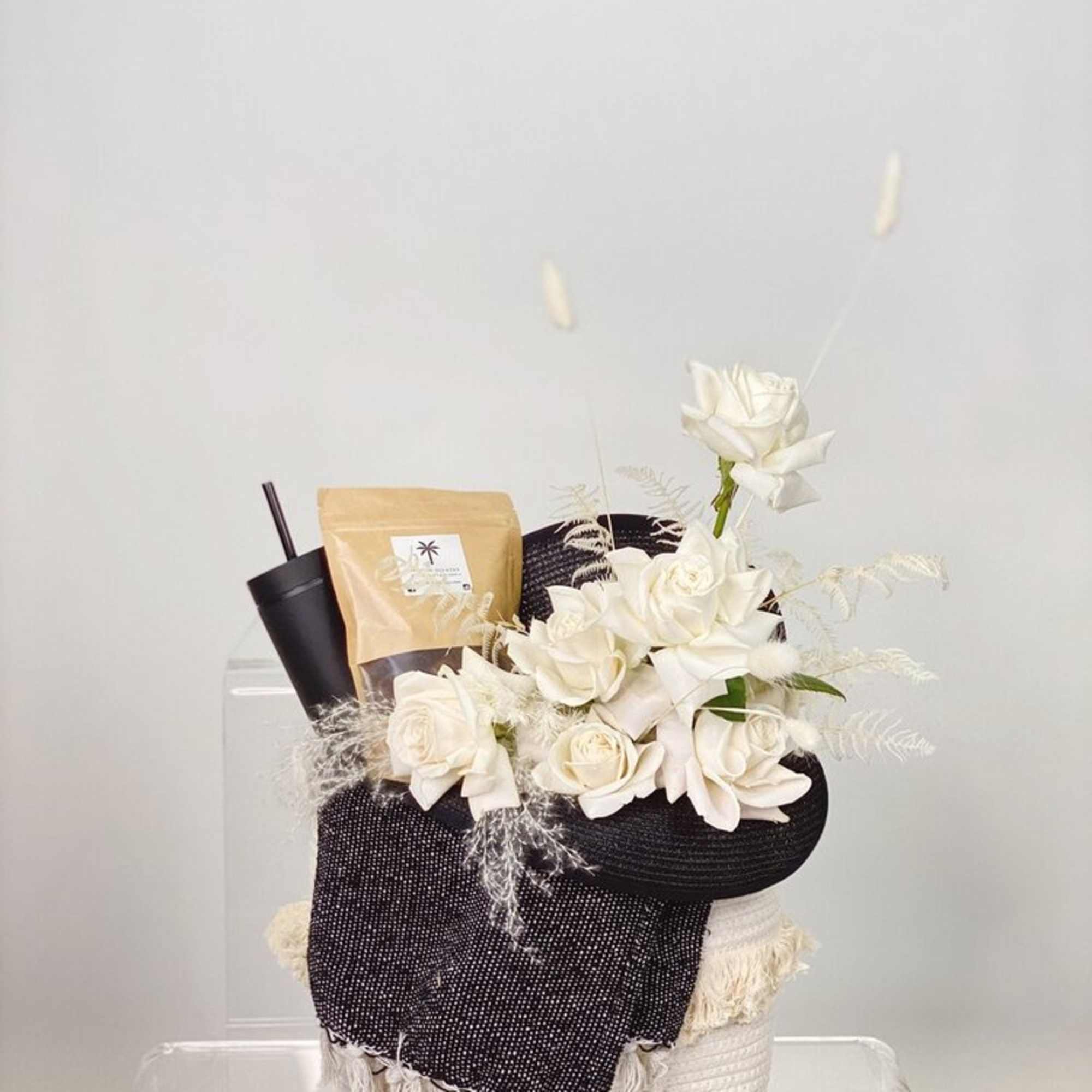 - FLORAL ARRANGEMENTS - WHITE ROSES &amp; BLEACHED WHITE LEAVES AND PAMPAS
-