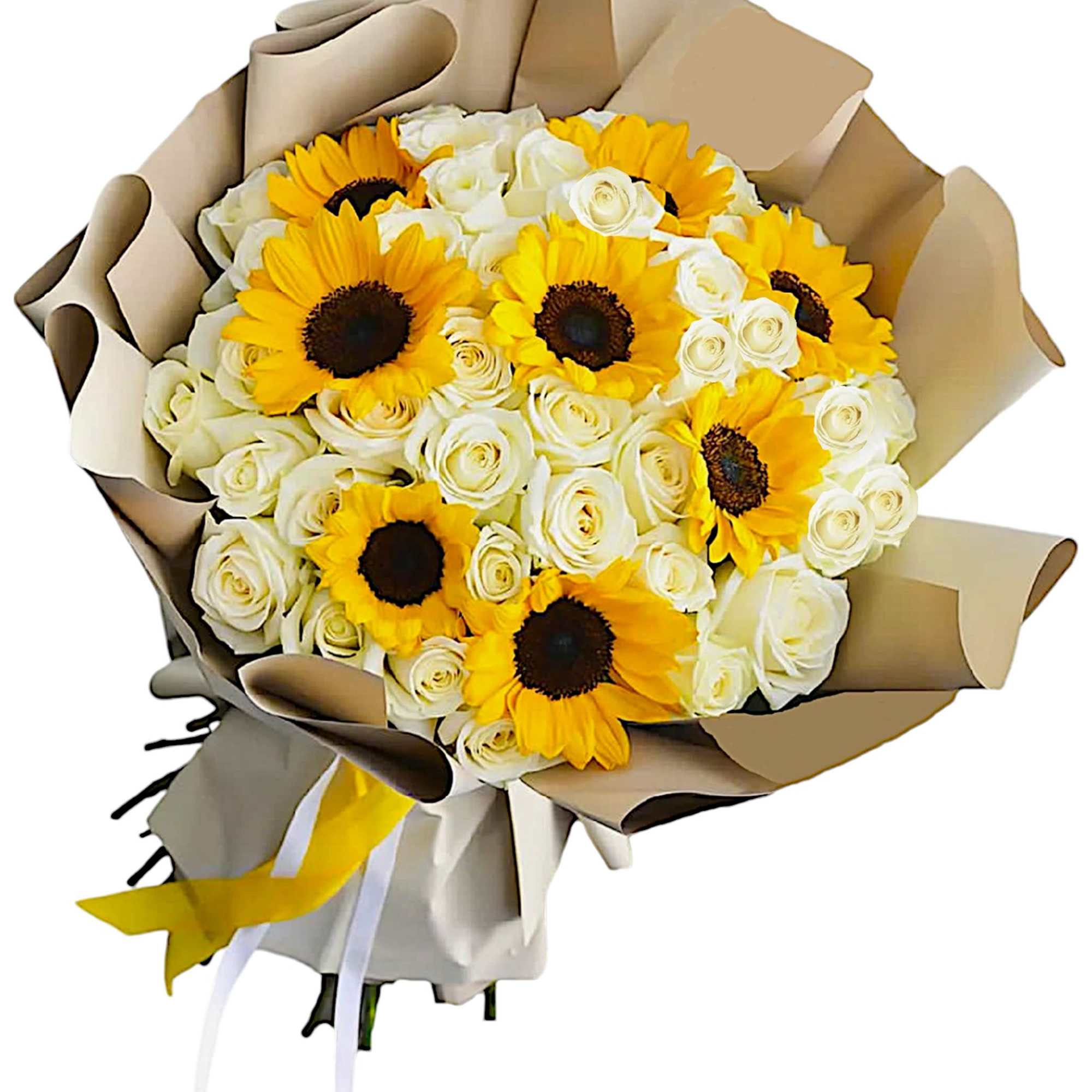 Surprise them with a beautiful bouquet of white roses and yellow sunflowers.