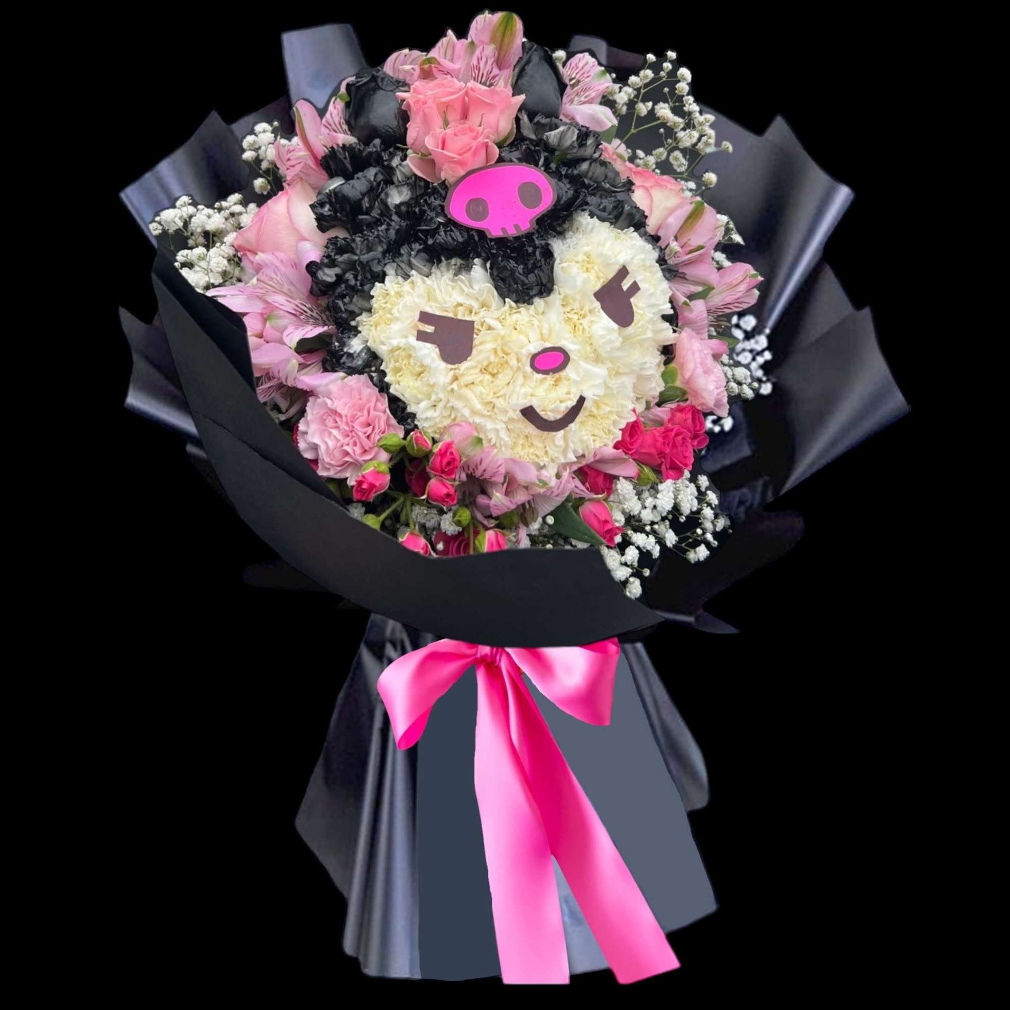 Surprise them with this lovely Kuromi flower bouquet.

DETAILS
Pink roses, spray roses, mini