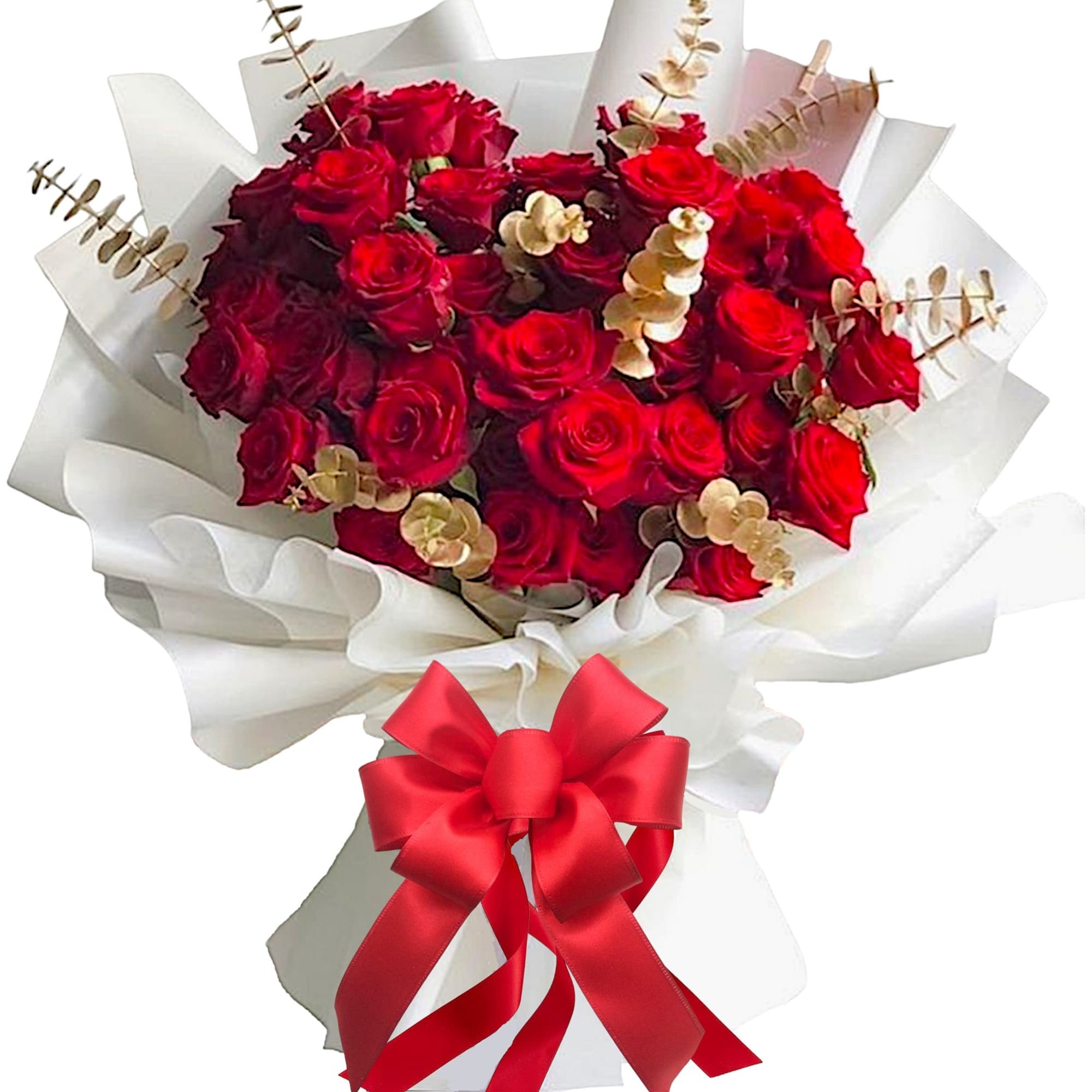 Surprise them with a beautiful bunch of perfectly red roses, accented with