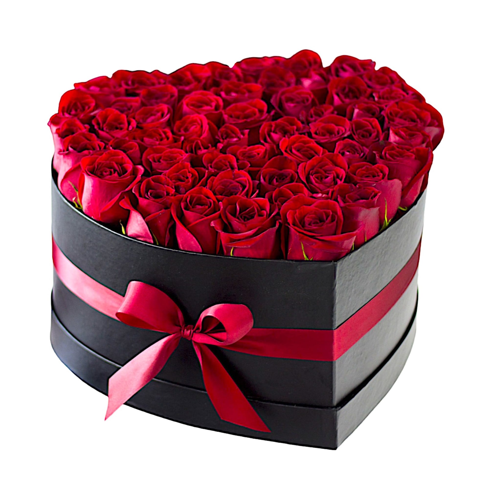 A modern flower arrangement in a heart box filled with red roses.

DETAILS
This