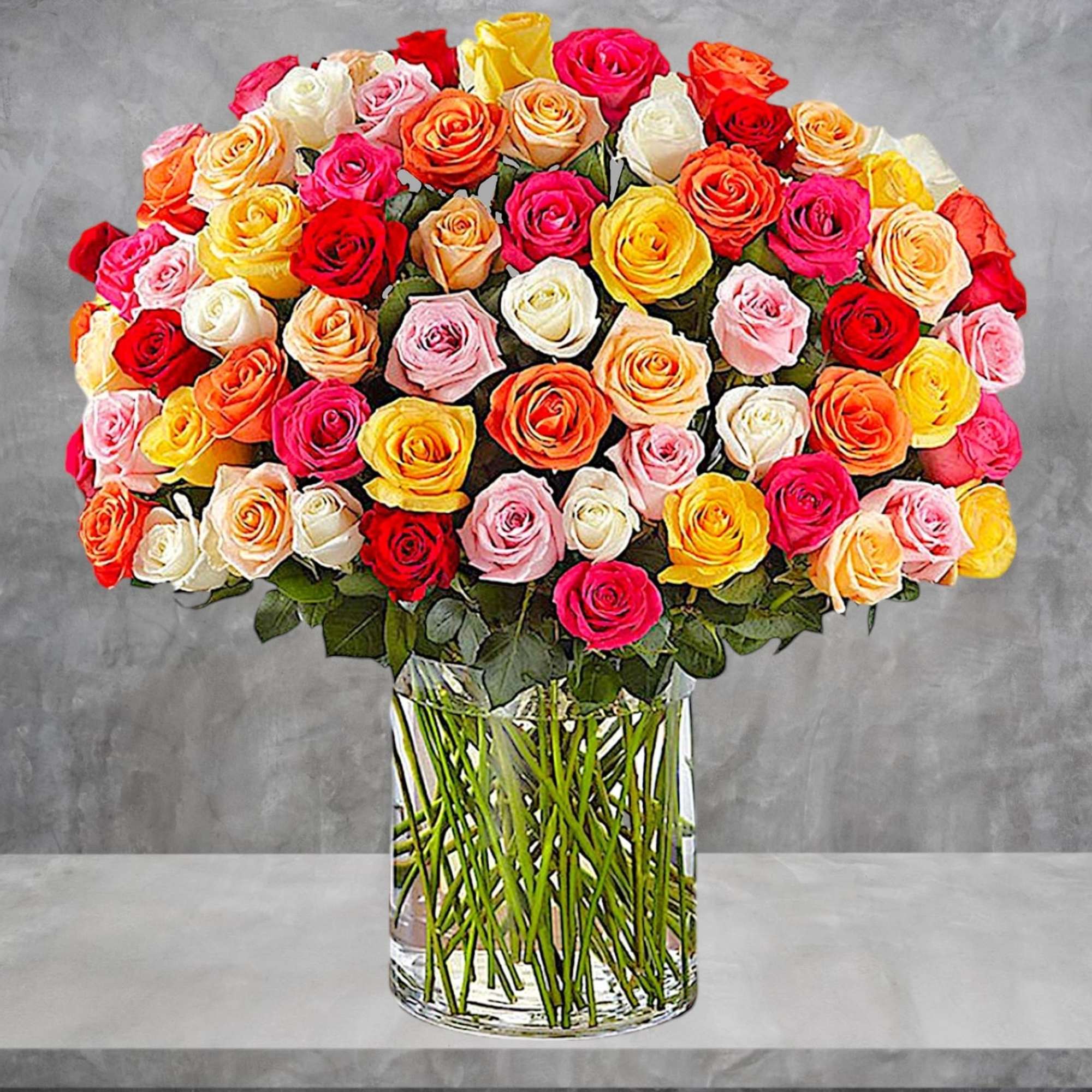 Wow someone like never before with 100 stunning long stem multicolor roses;