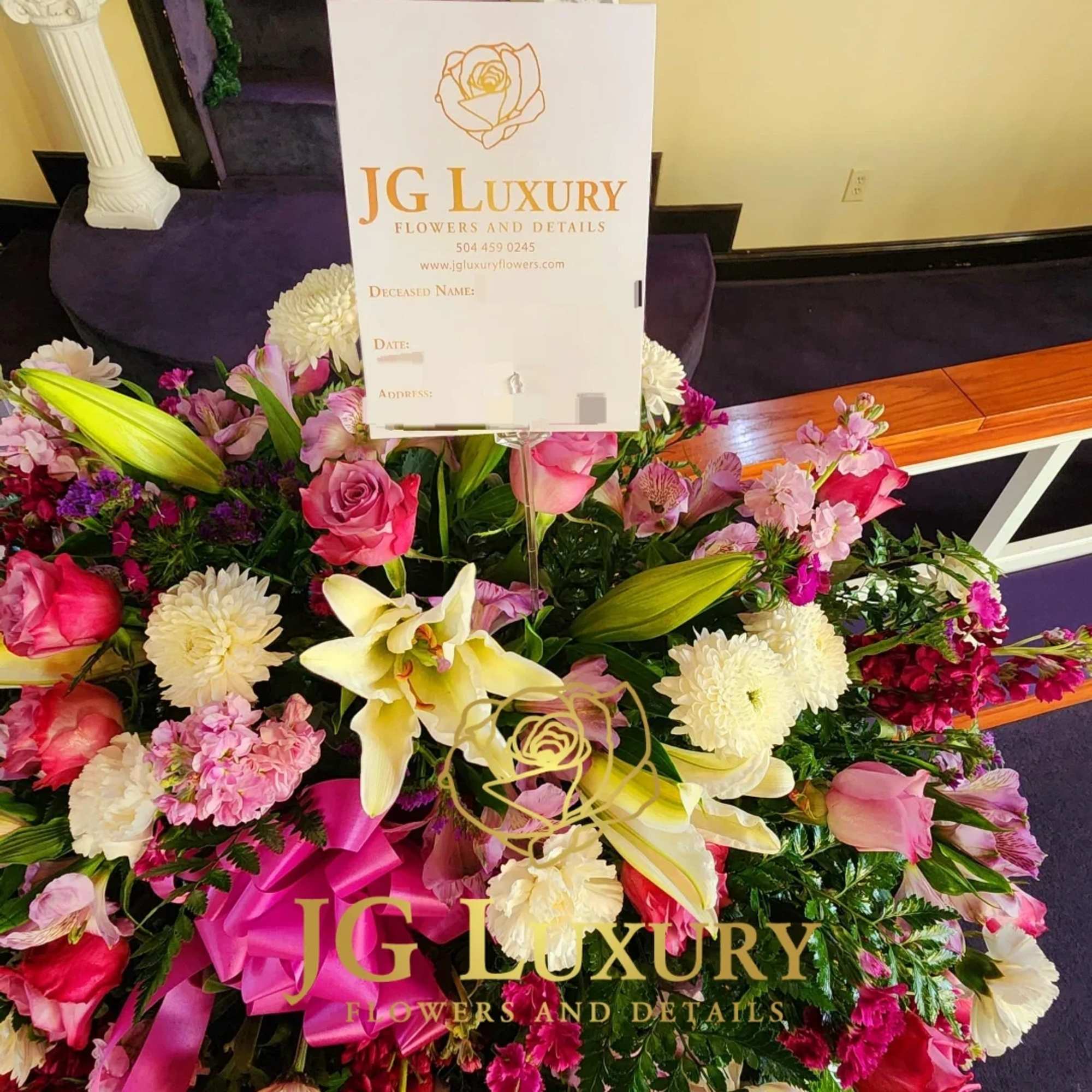 Lovely mix of blooms arranged in a Casket Spray.
