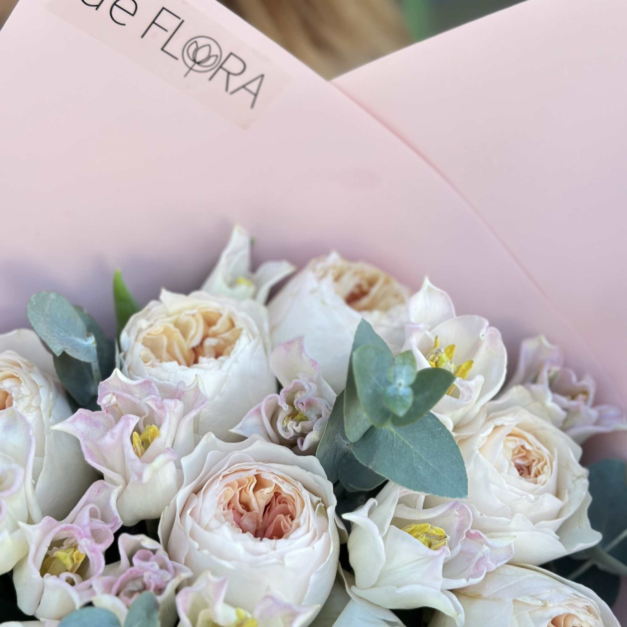 Bouquet of David Austin roses, tulips and eucalyptus  Bouquet of David Austin roses, tulips and eucalyptus