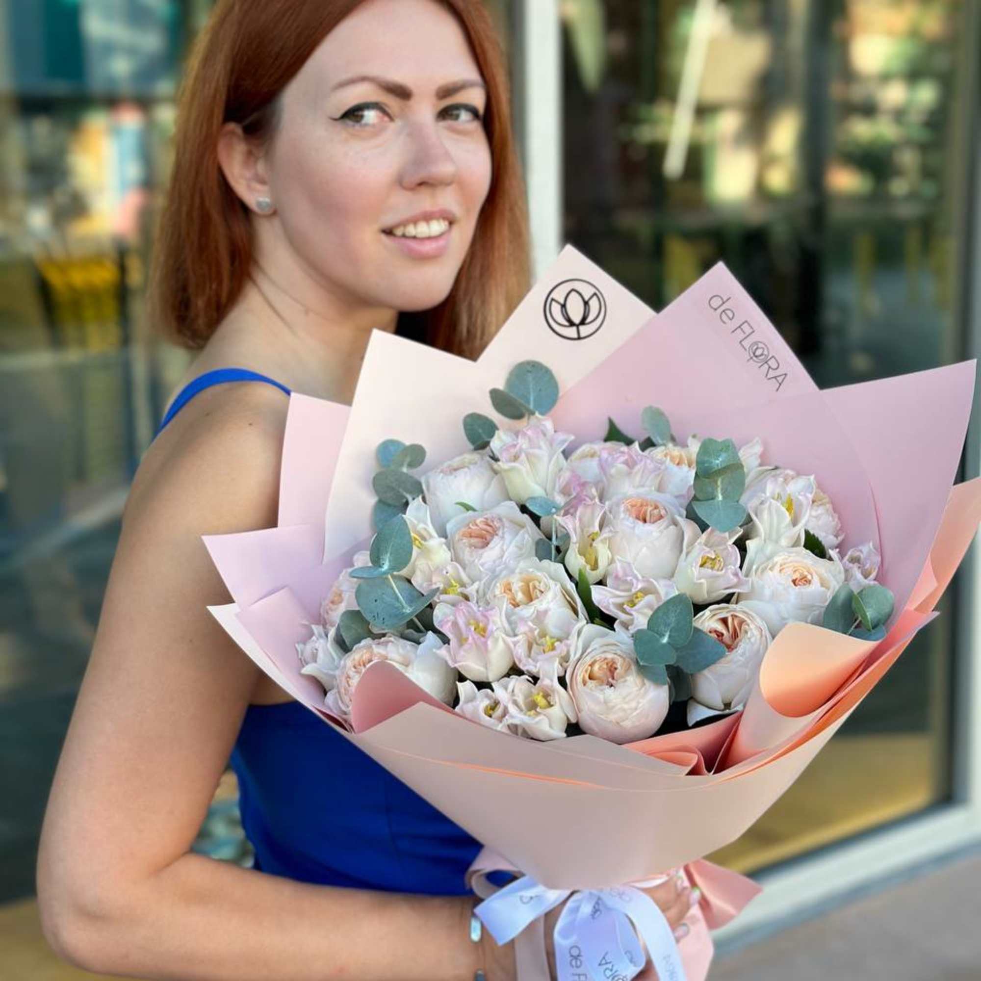 Bouquet of David Austin roses, tulips and eucalyptus  Bouquet of David Austin roses, tulips and eucalyptus