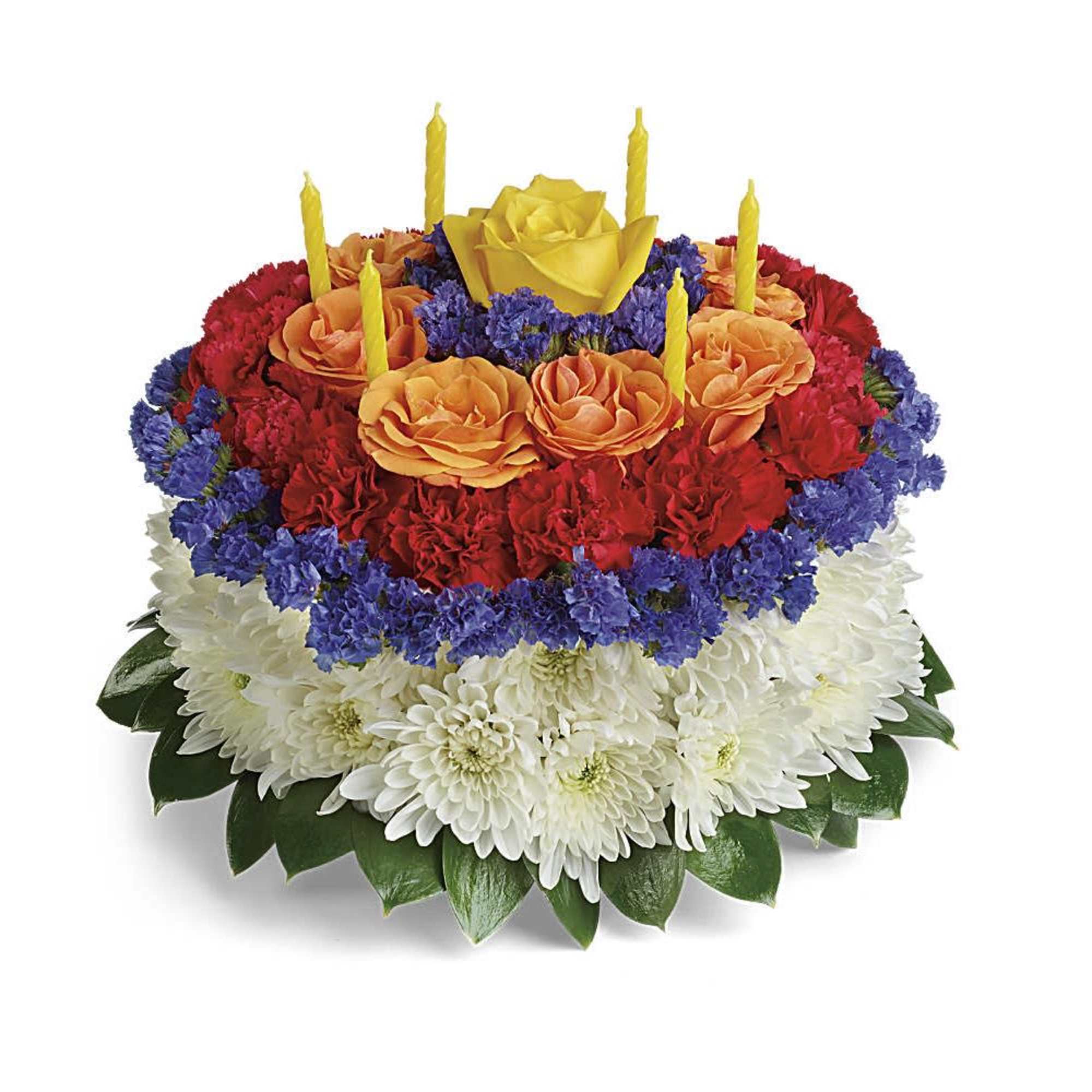 Sweet as a birthday cake, this creative, colorful bouquet of roses and