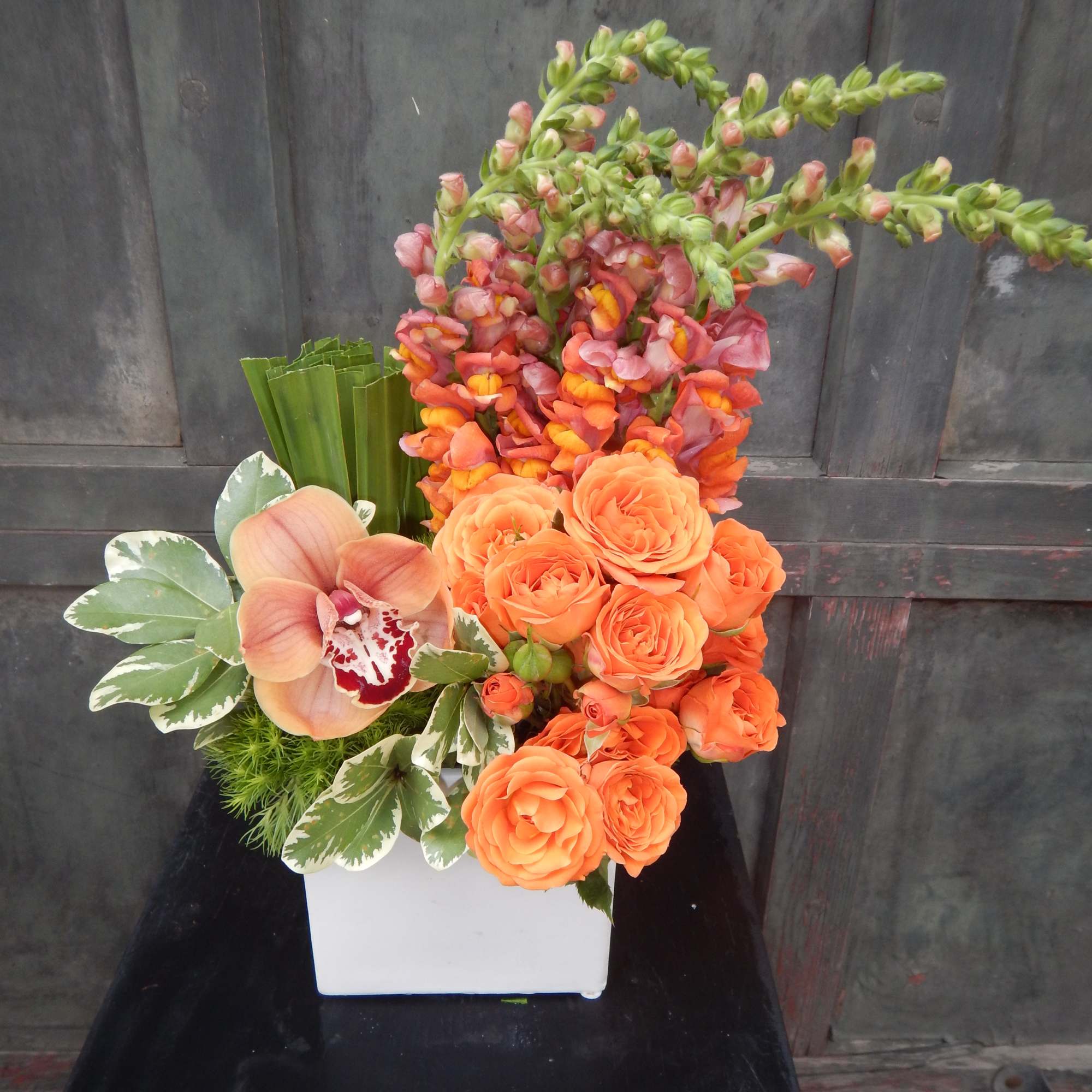 Great movement arrangement, with flair. Orange Snap Dragons, Orange Spray Roses, Palmetto Great movement arrangement, with flair. Orange Snap Dragons, Orange Spray Roses, Palmetto