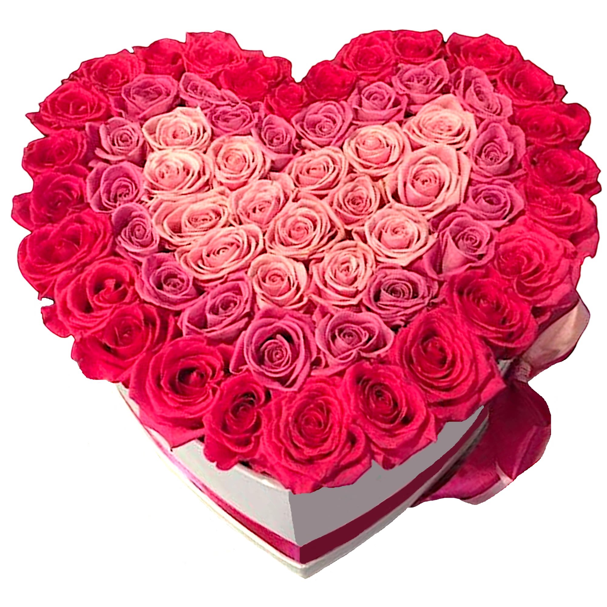 A modern flower arrangement in a heart box filled with roses.

DETAILS
This heart
