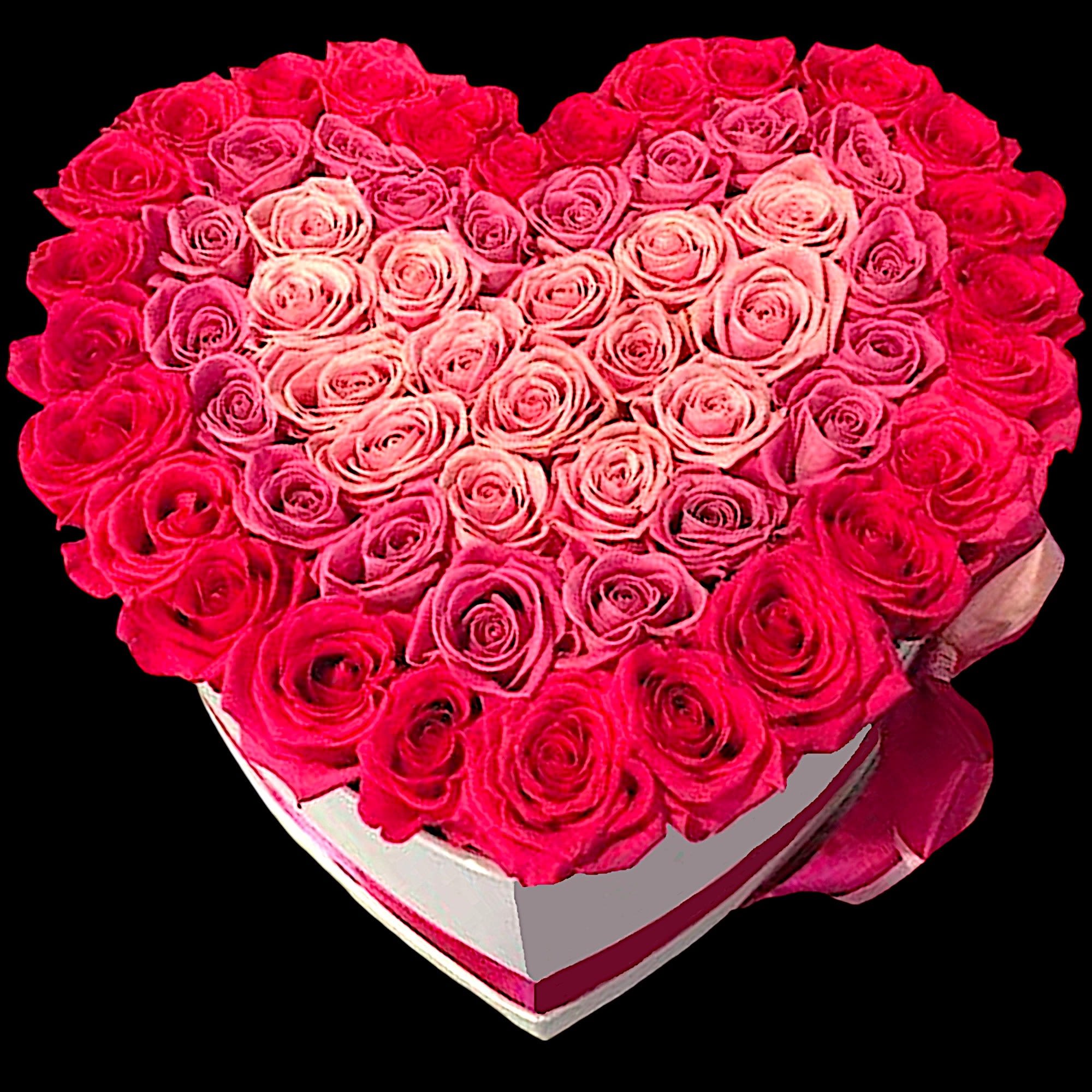 A modern flower arrangement in a heart box filled with roses.

DETAILS
This heart