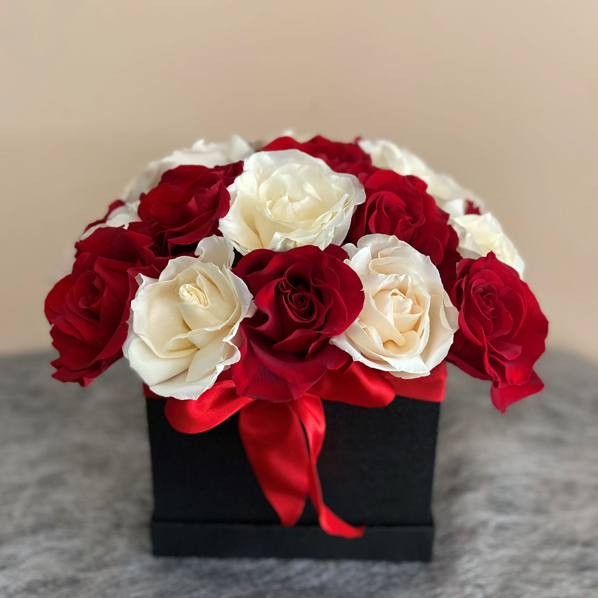 24 Roses Red, and White, with Square Black Box