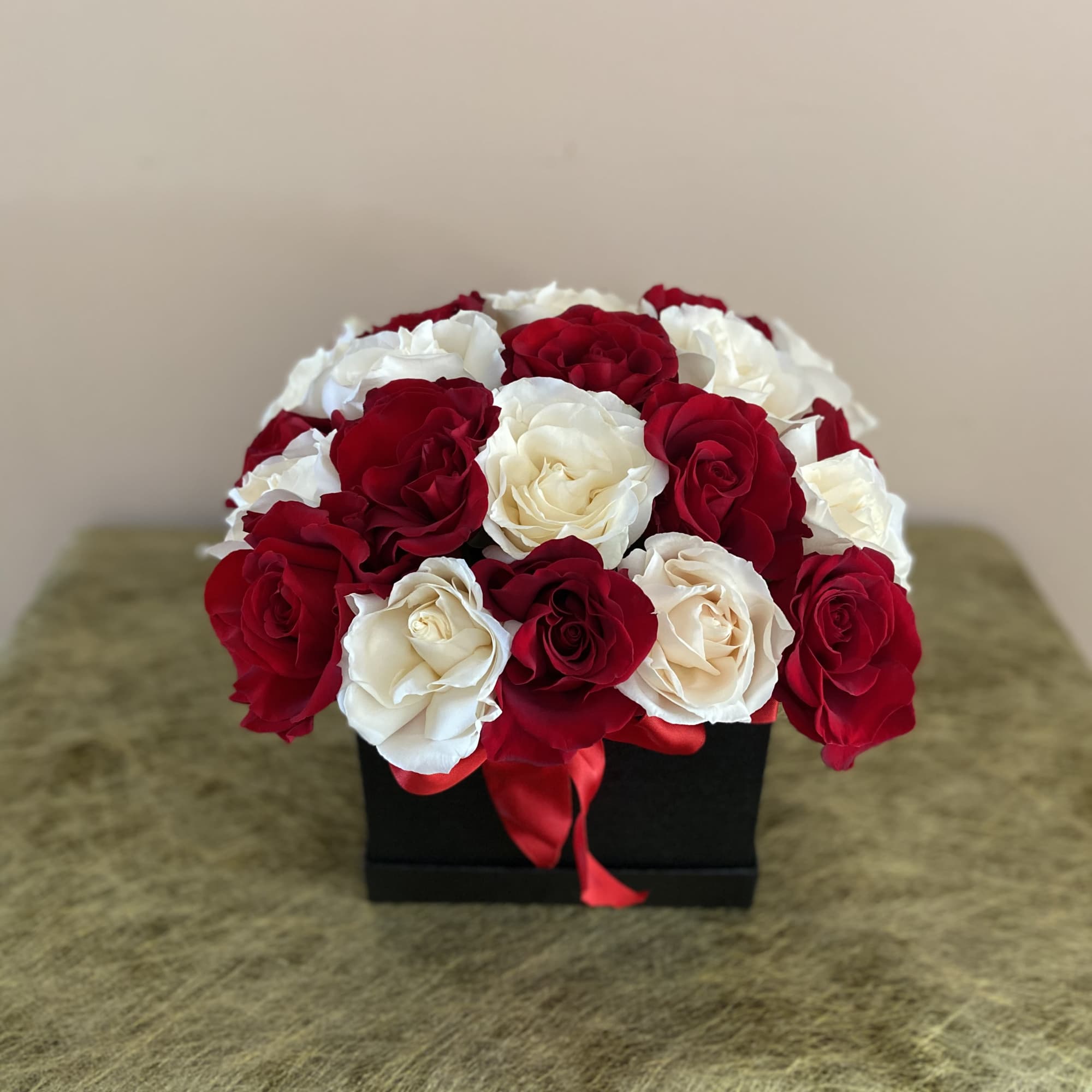 24 Roses Red, and White, with Square Black Box