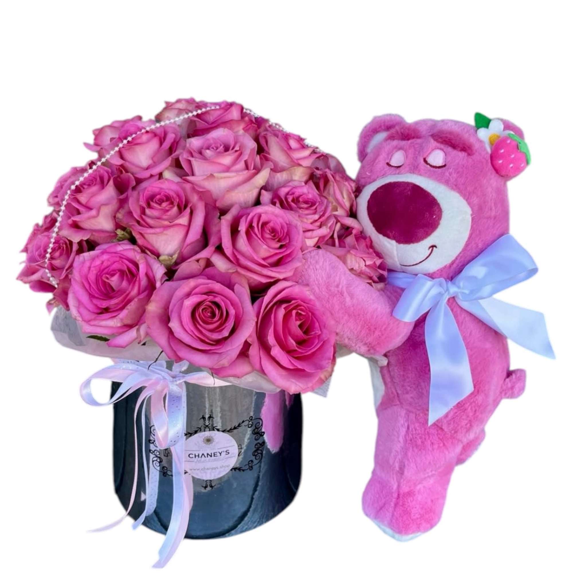 30 roses in a floral box with the legendary strawberry bear. Choose