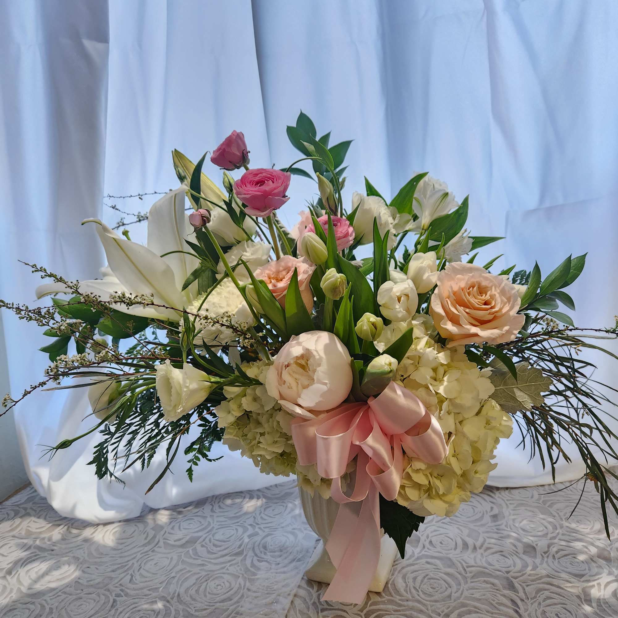 Pink and white  Arrangement - Hydreangeas, roses pink and white lisianthus