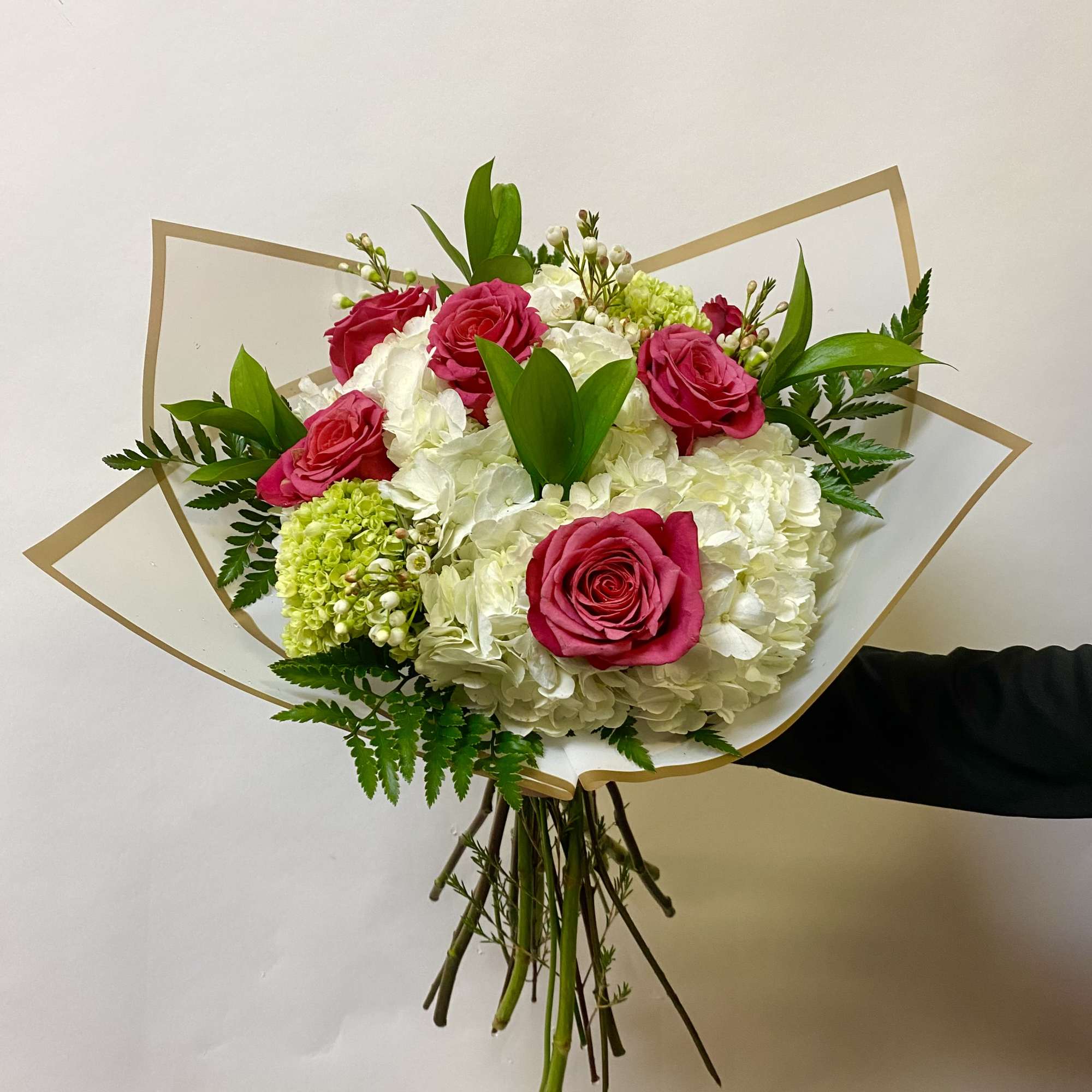Our Mixed Flower Bouquet Includes White Hydrangeas, Roses, Mini Green Hydrangeas, Filler