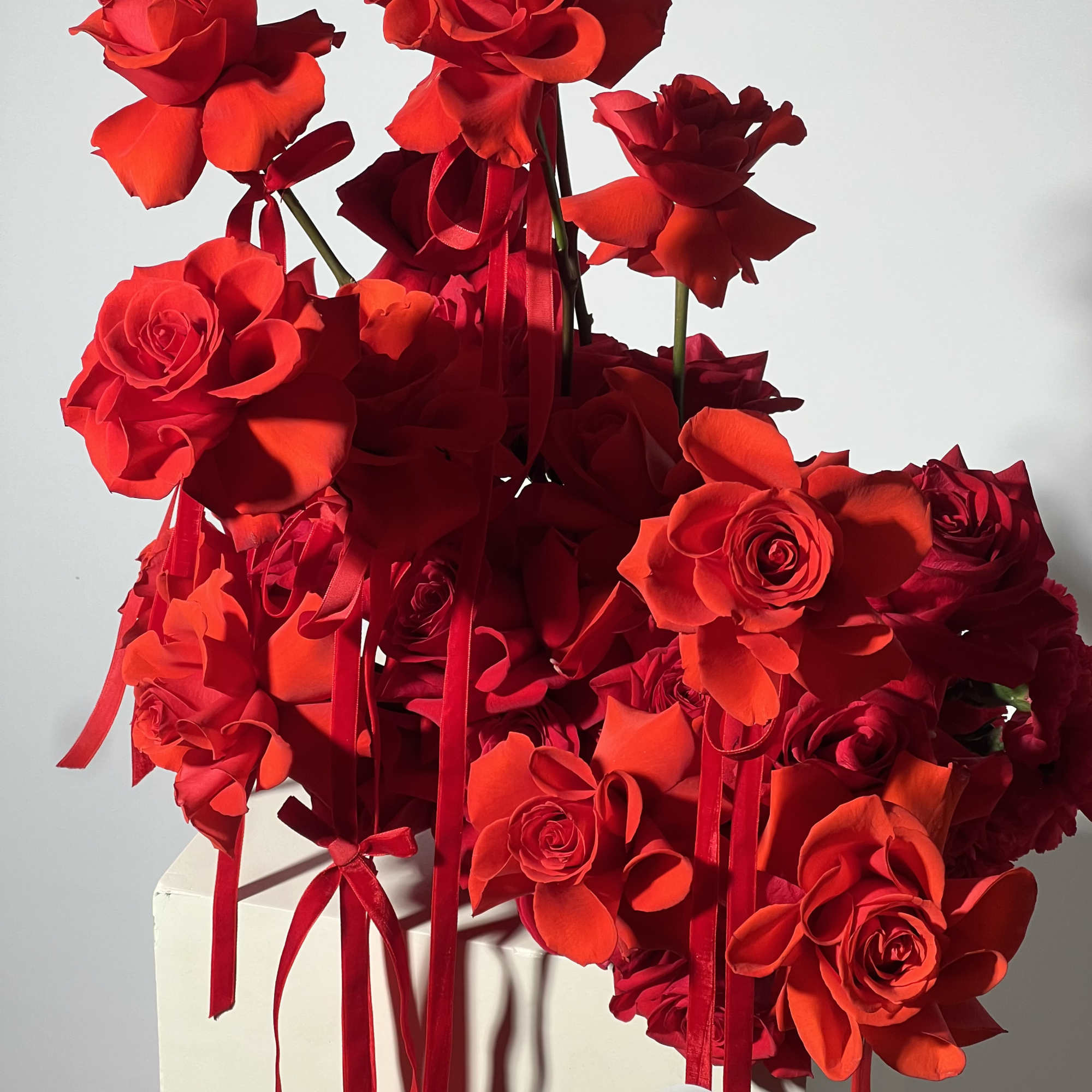 
- VIBRANT RED ROSES  
- ACCENTED WITH  BOWS  
-