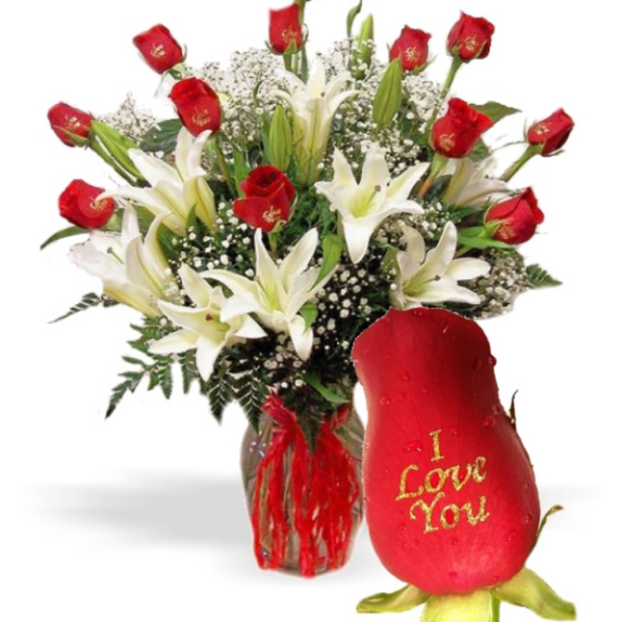 One dozen long stem roses each individually rose personalized with the message