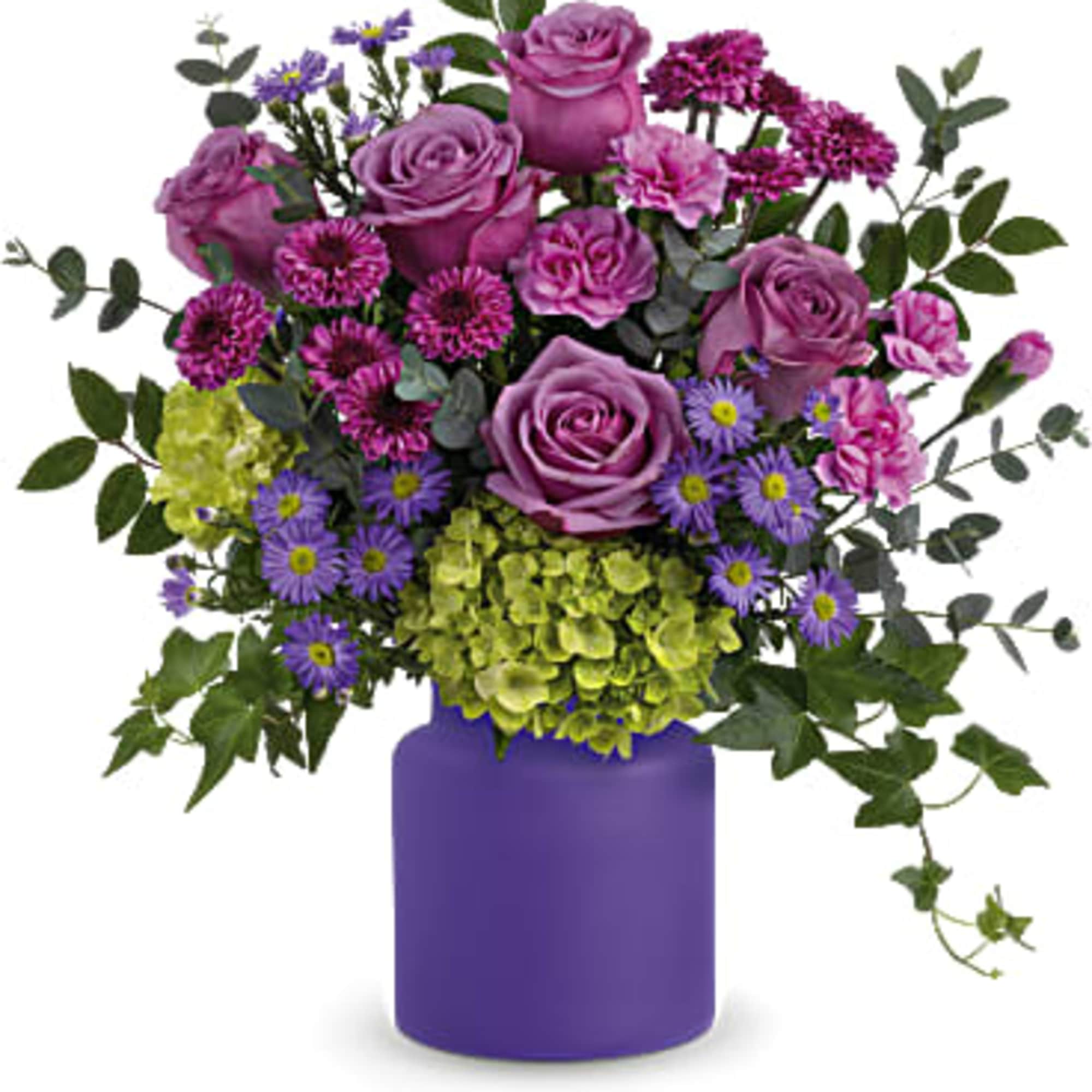 Lavender roses, large purple monte cassino asters, miniature green hydrangea, purple button