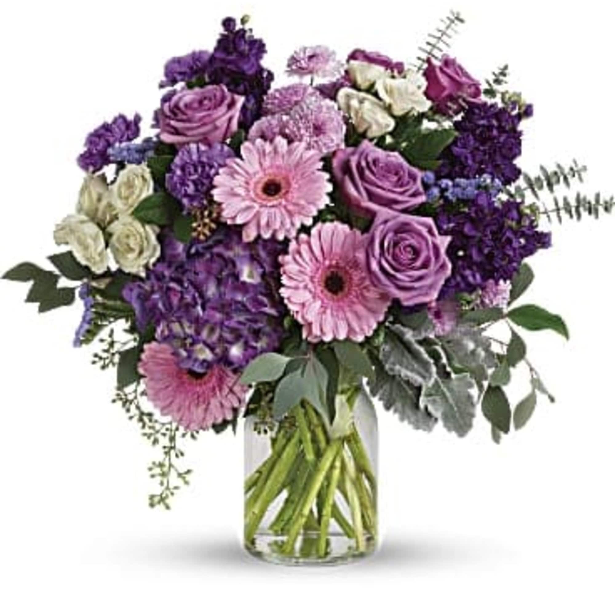 This magnificent bouquet features purple hydrangea, lavender roses, cr&egrave;me spray roses, pink