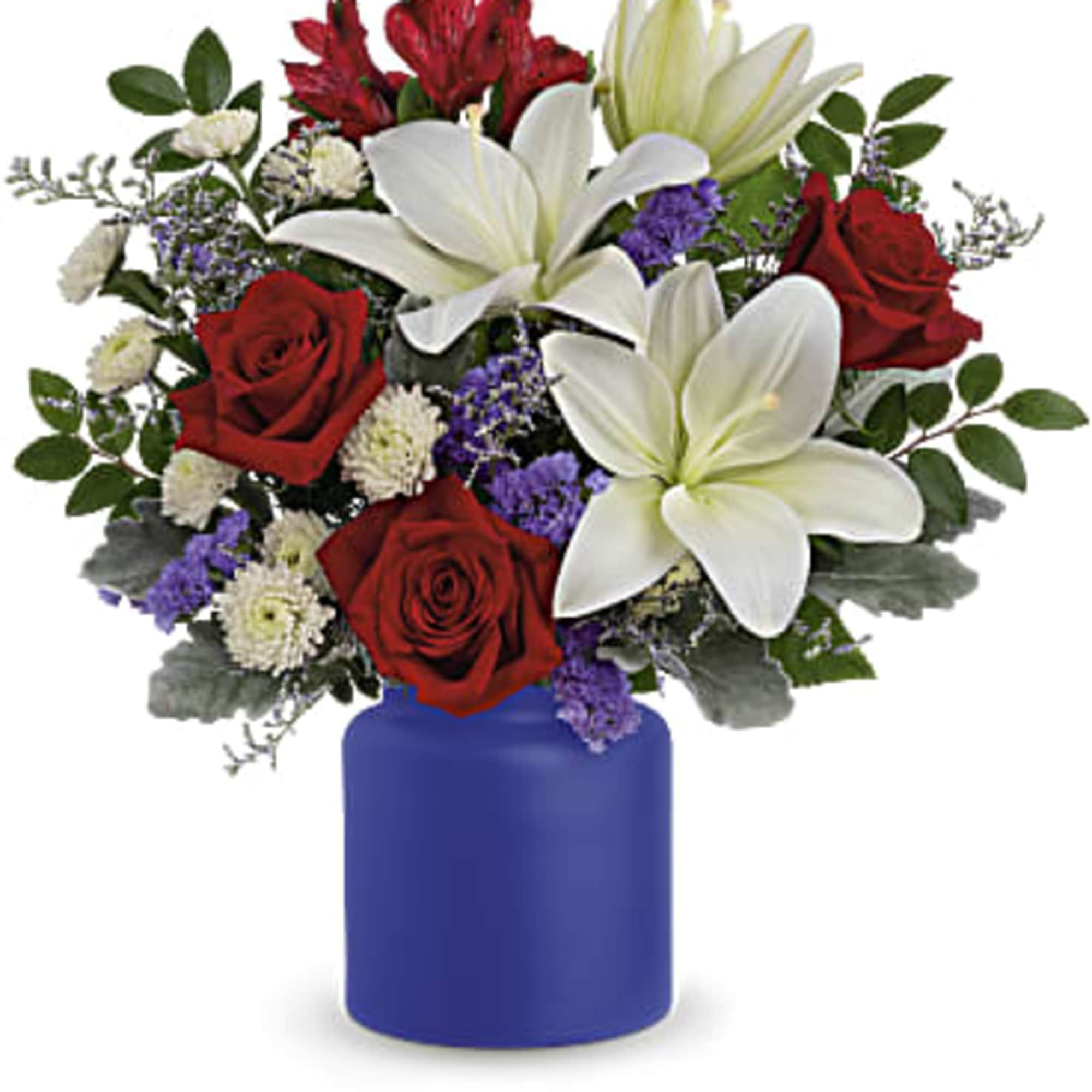 White asiatic lilies, red roses, red alstroemeria, white button spray chrysanthemums, purple