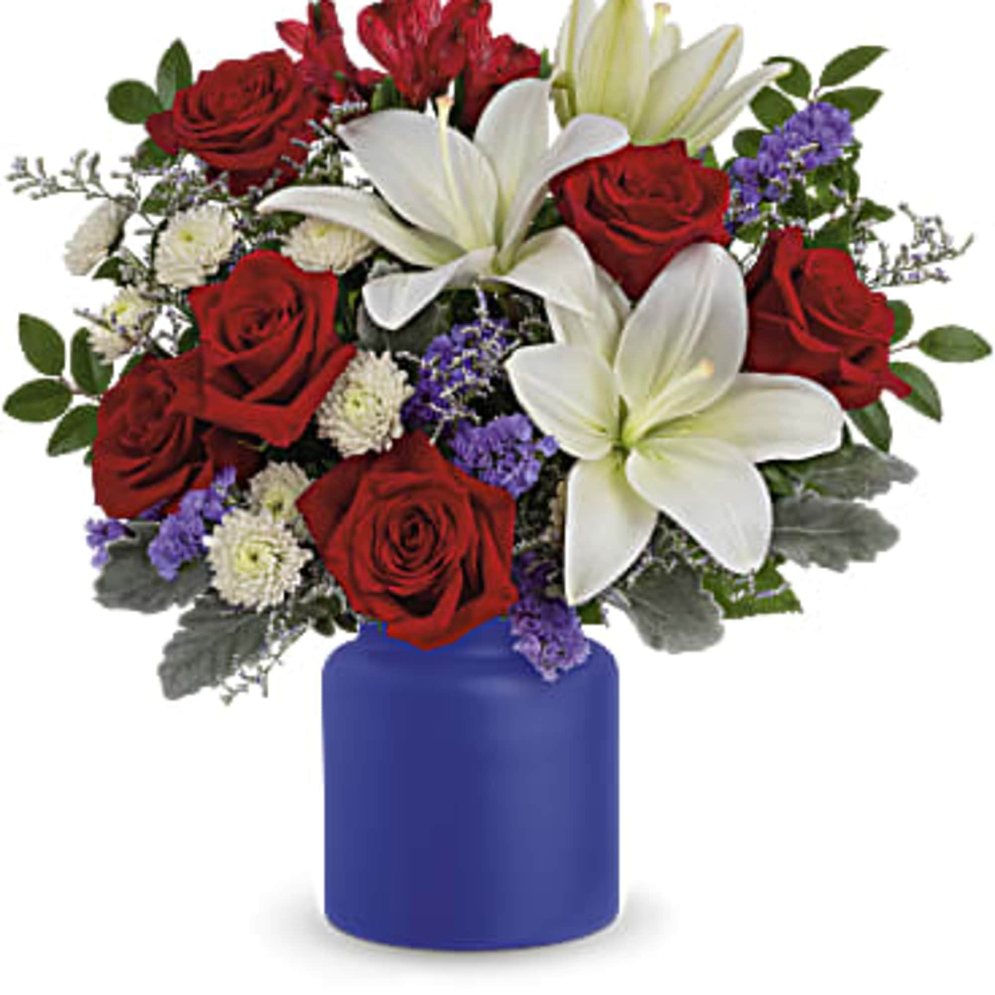 White asiatic lilies, red roses, red alstroemeria, white button spray chrysanthemums, purple