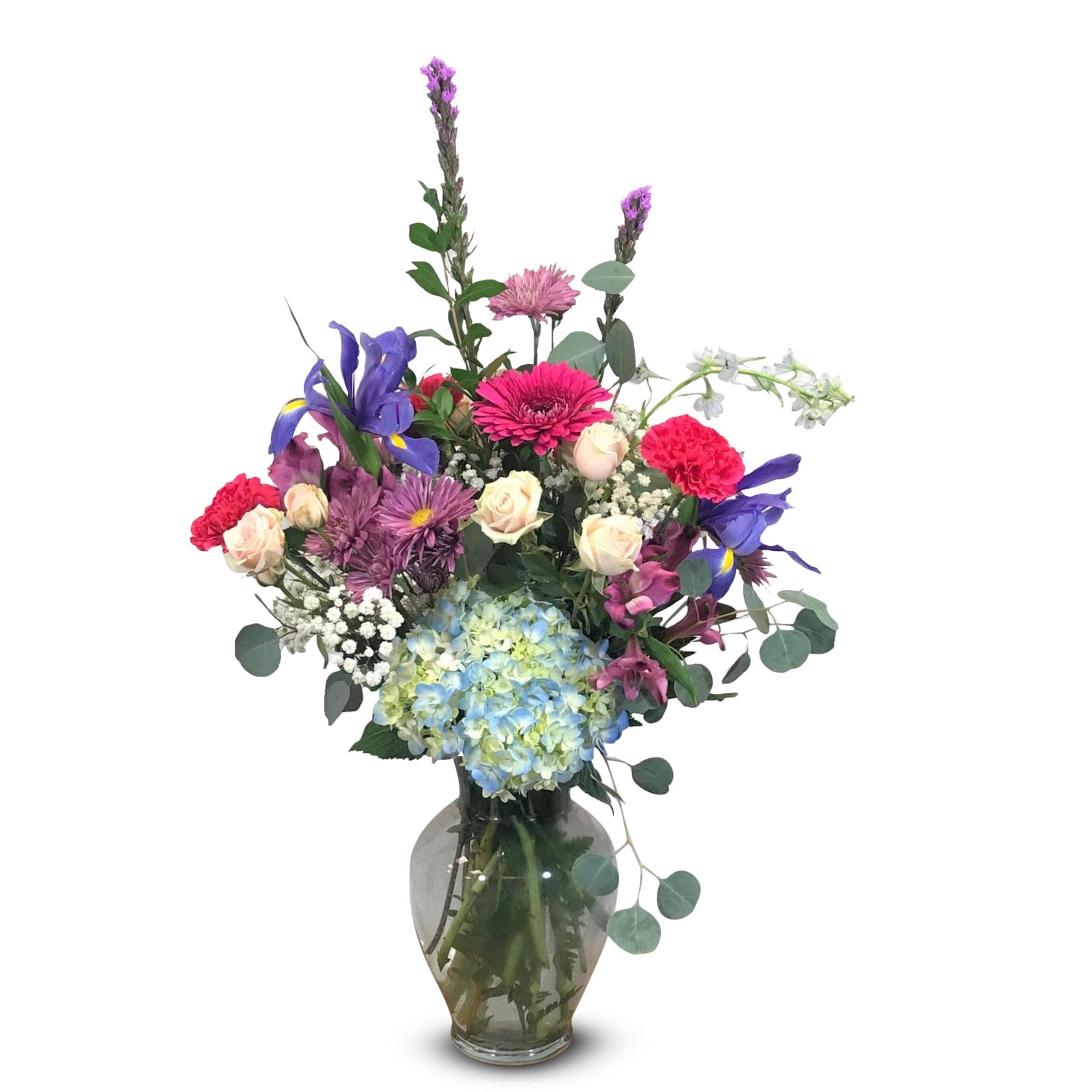 This traditional design in a vase has beautiful flowers in colors of