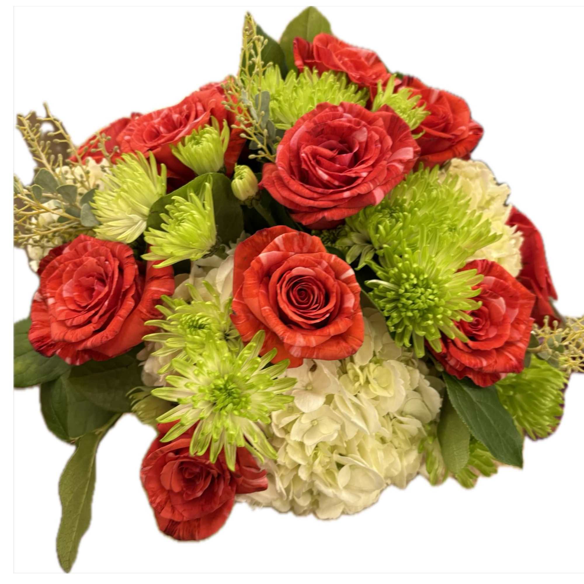 Dozen orange roses, greens and White hydrangeas in a short square vase.