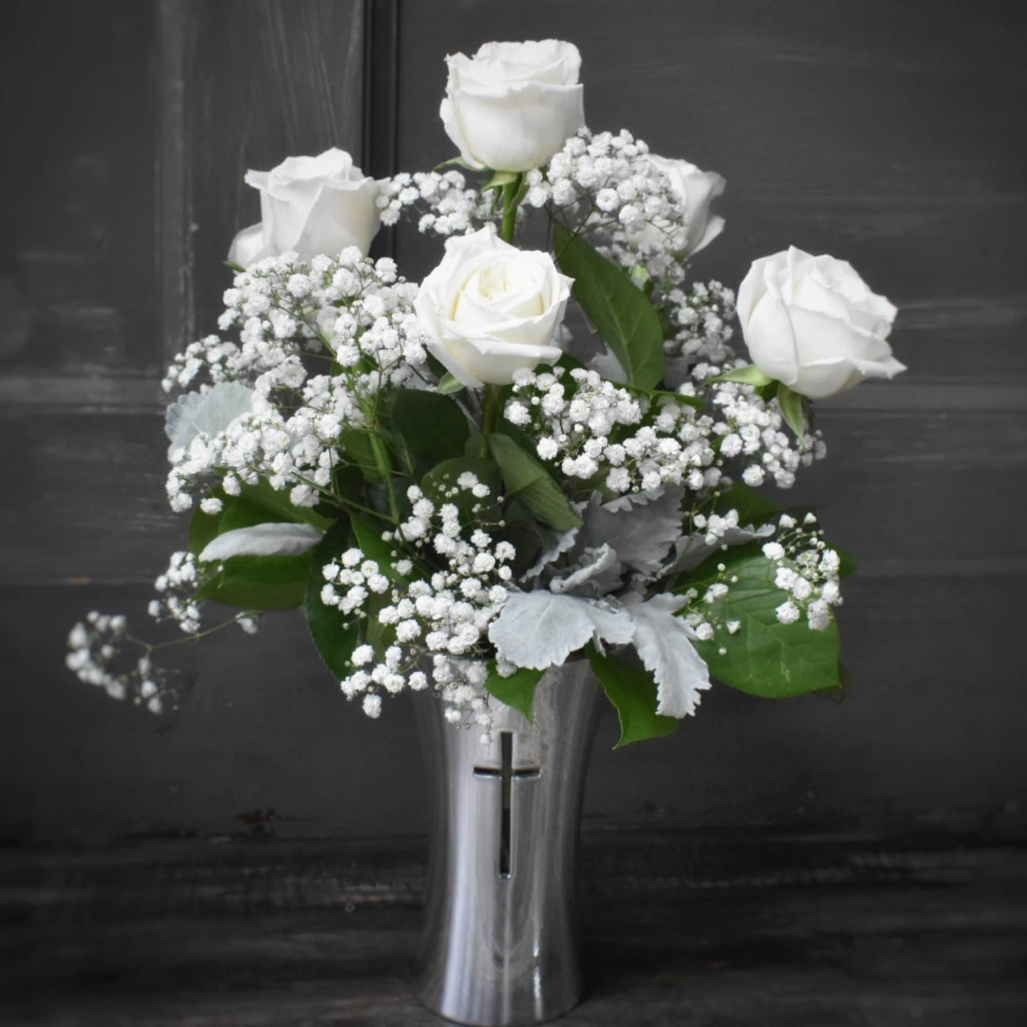 This lovely keepsake vase is designed using 6 long stemmed white roses This lovely keepsake vase is designed using 6 long stemmed white roses