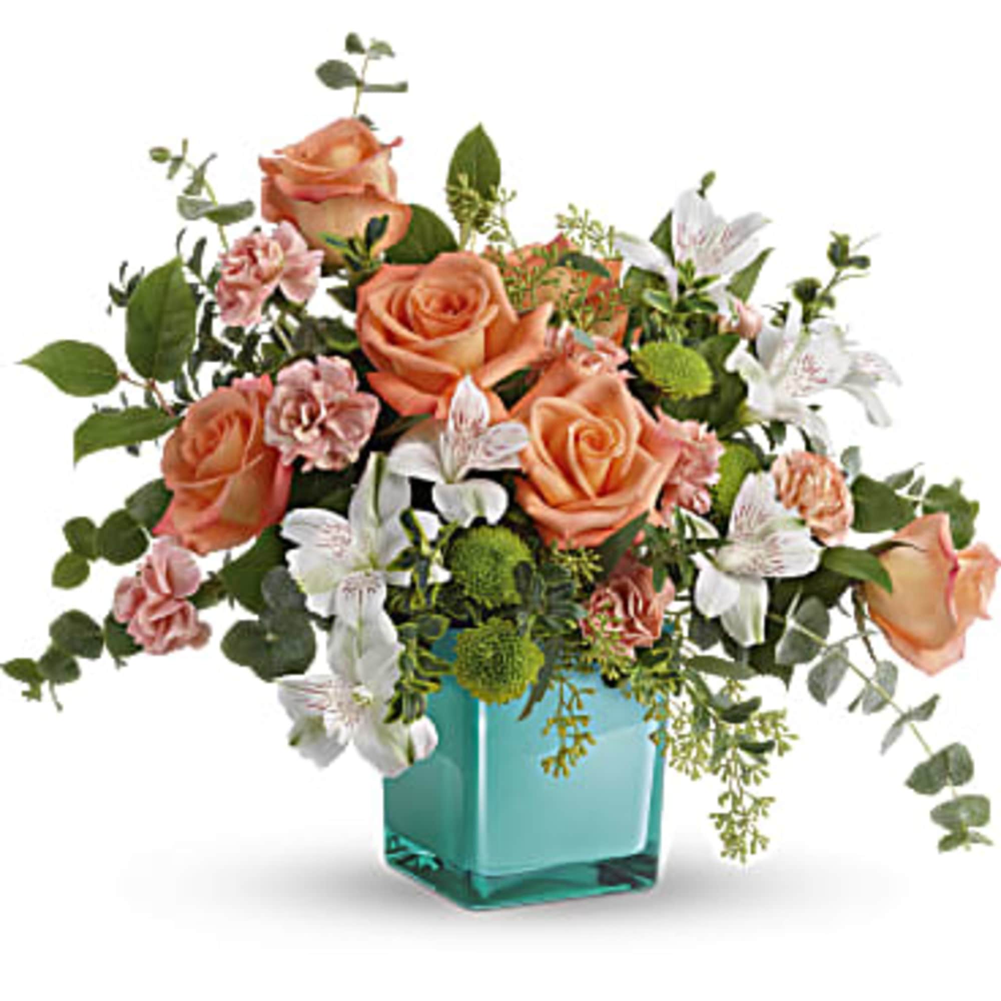A fun-filled play on color, it contrasts pretty peach and white blooms