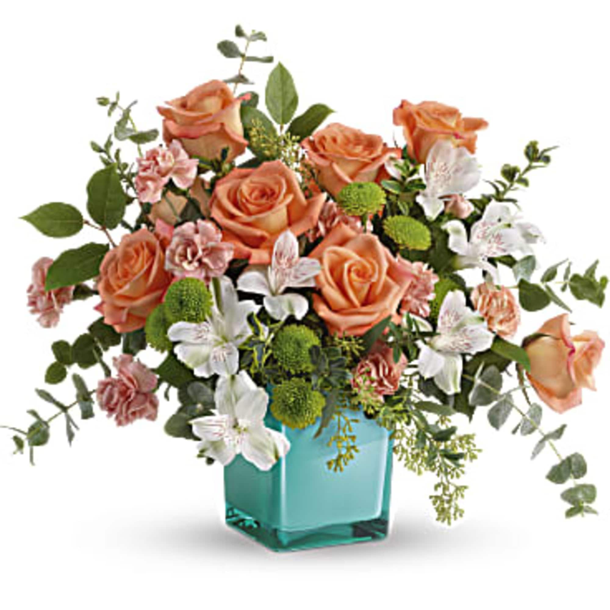 A fun-filled play on color, it contrasts pretty peach and white blooms