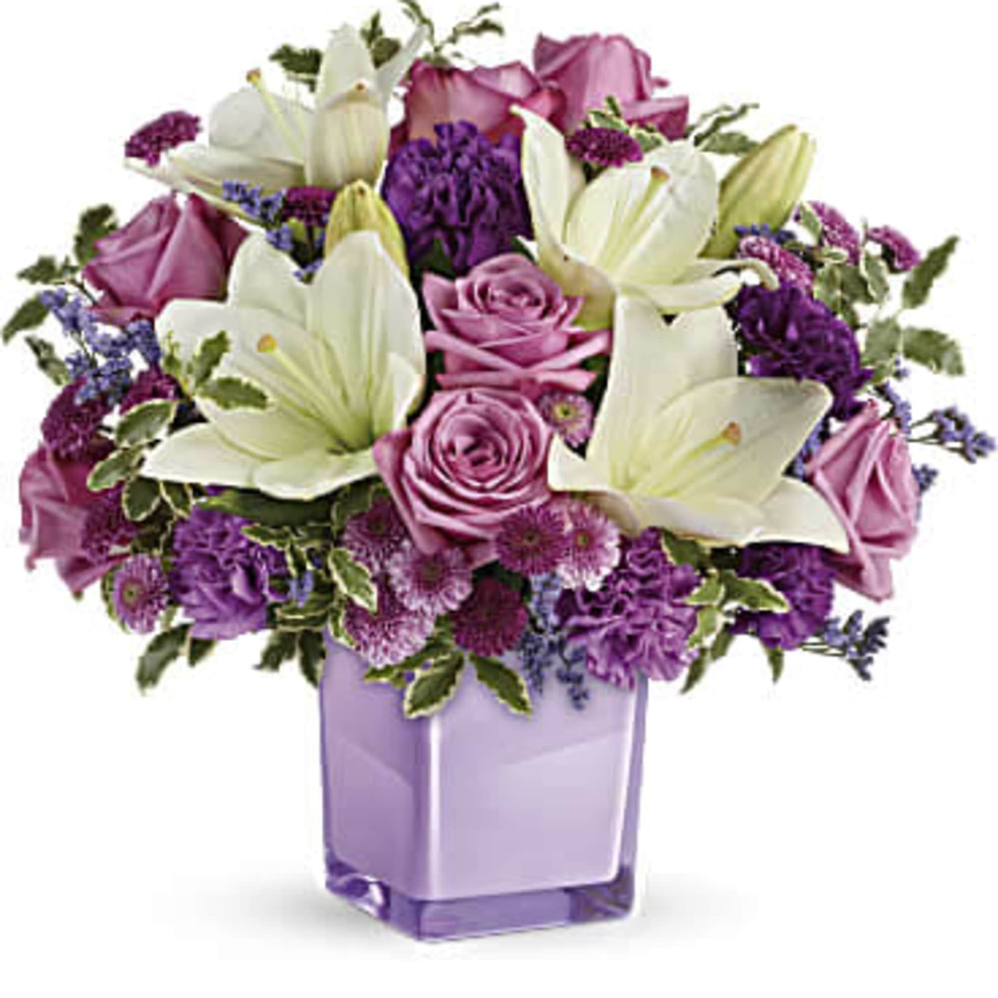 This arrangement make with lavender flowers like roses , daisy , carnations