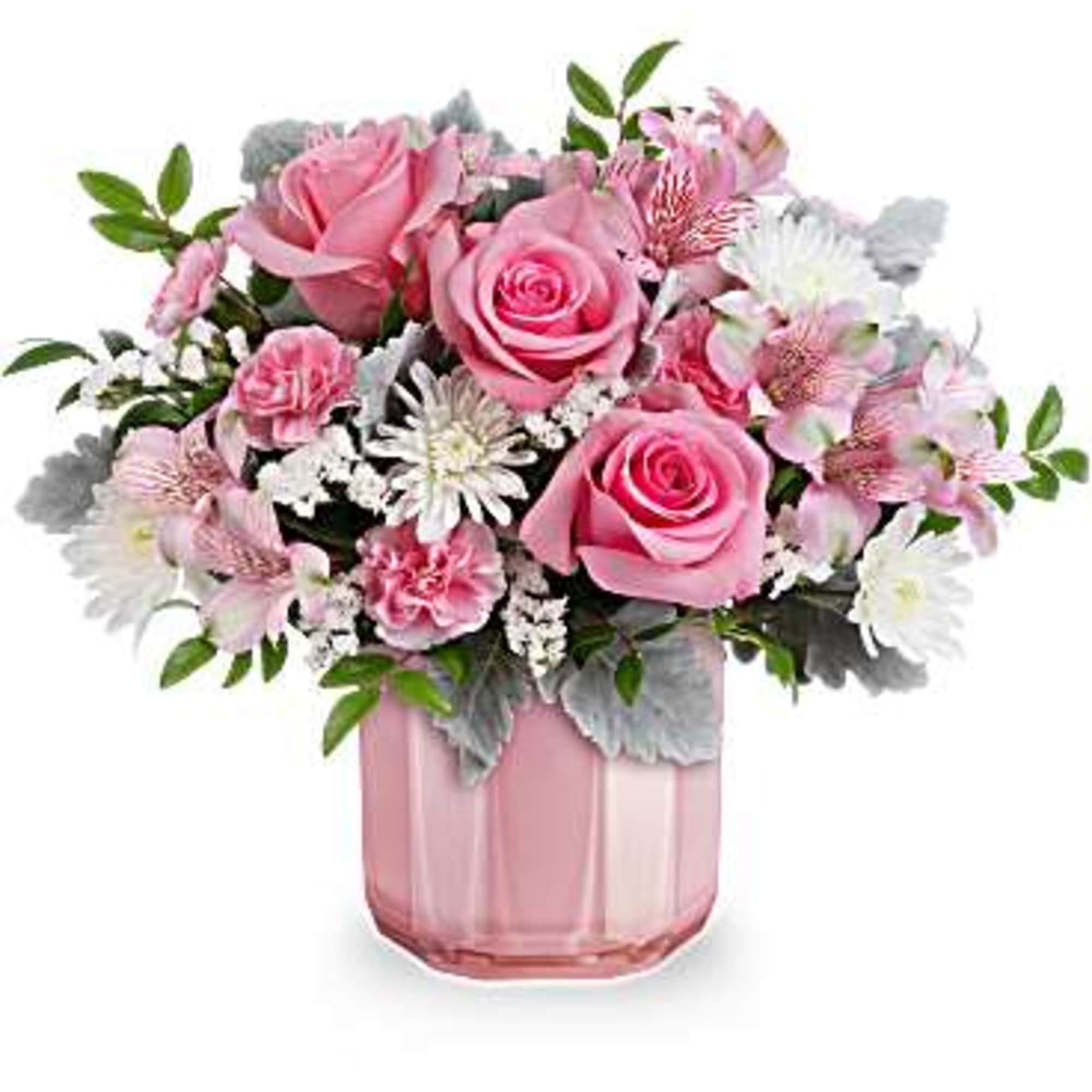 This charming Valentine's Day bouquet features pink roses, pink alstroemeria, miniature pink