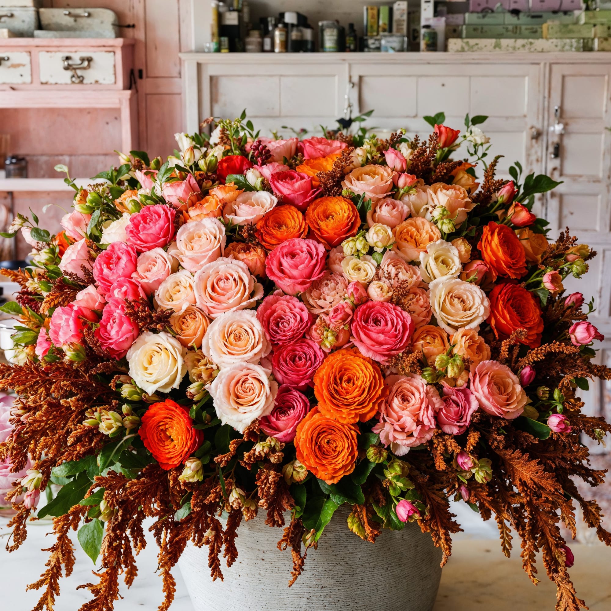 Spectacular floral arrangement that captures the warmth and vibrancy of a sunset.