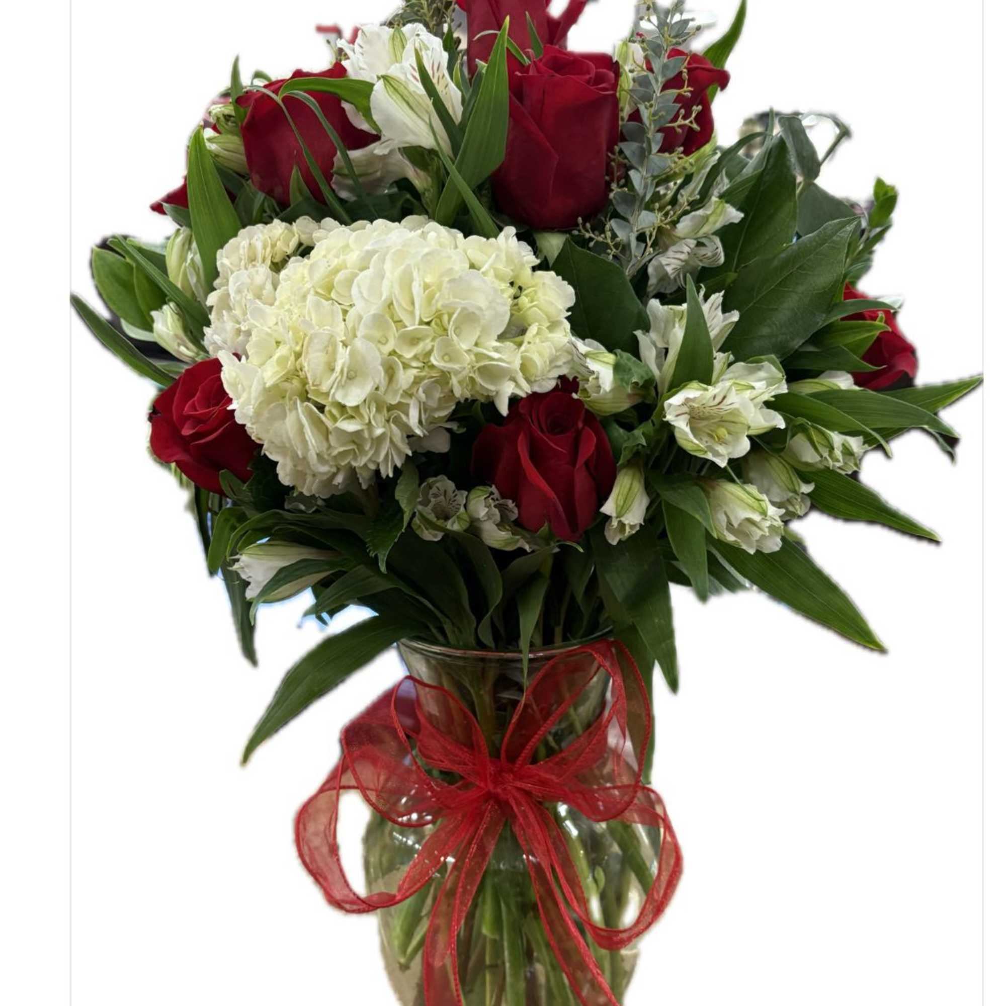 dozen red roses with greenery, white hydrengeas and white alstromerias