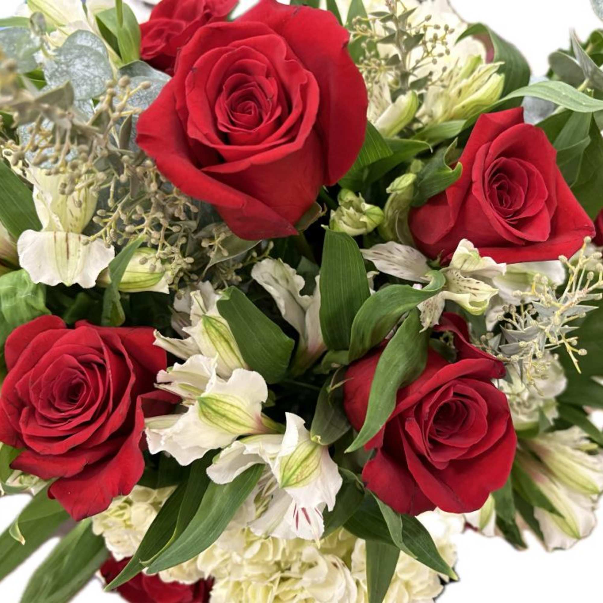 dozen red roses with greenery, white hydrengeas and white alstromerias