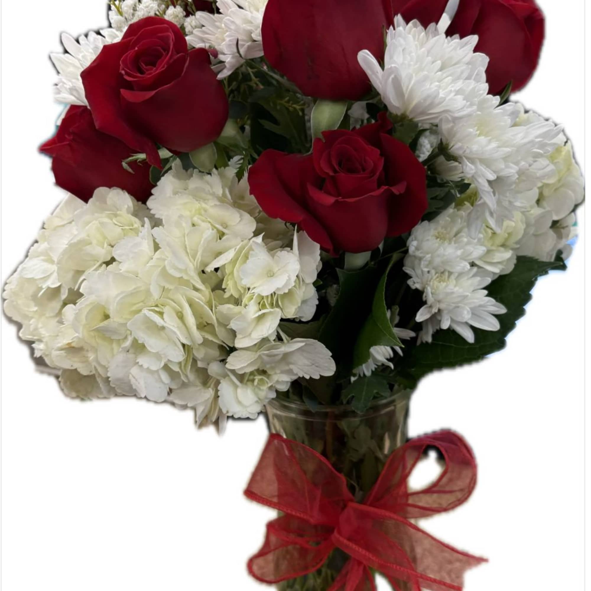 12 red roses, white hydrey, greenery and white poms in a tall