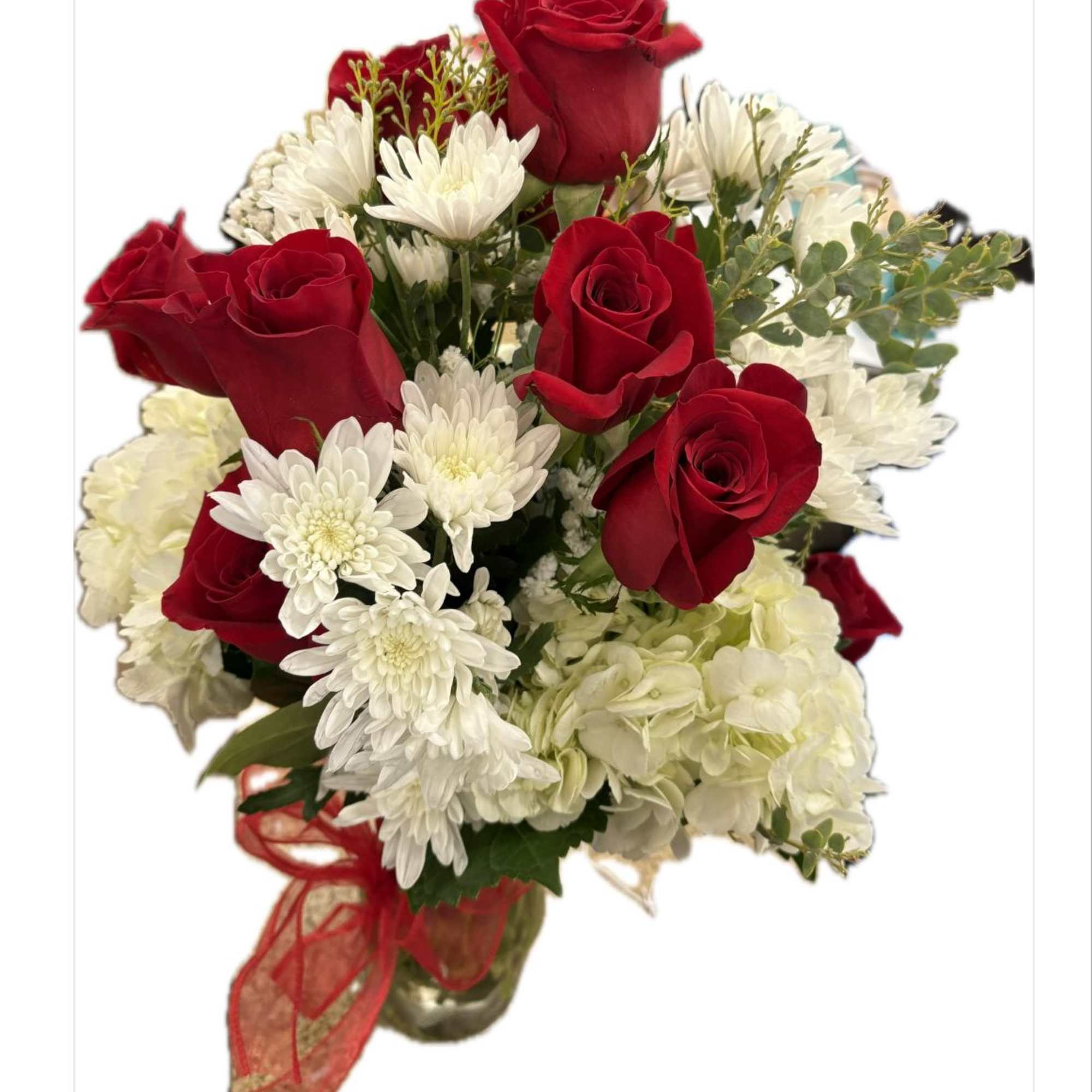 12 red roses, white hydrey, greenery and white poms in a tall