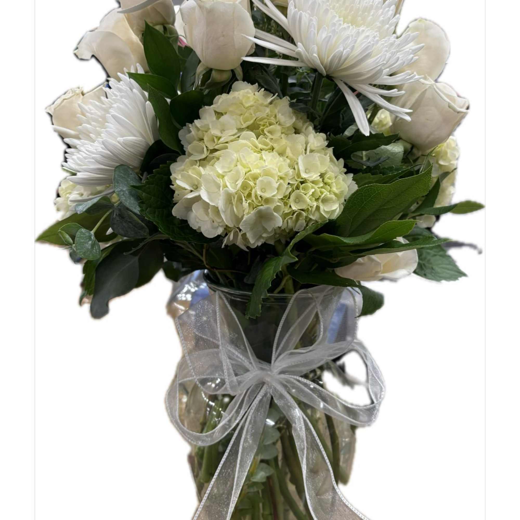 Tall white arrangement perfect for any occasion featuring white hydrengeas, white dozen