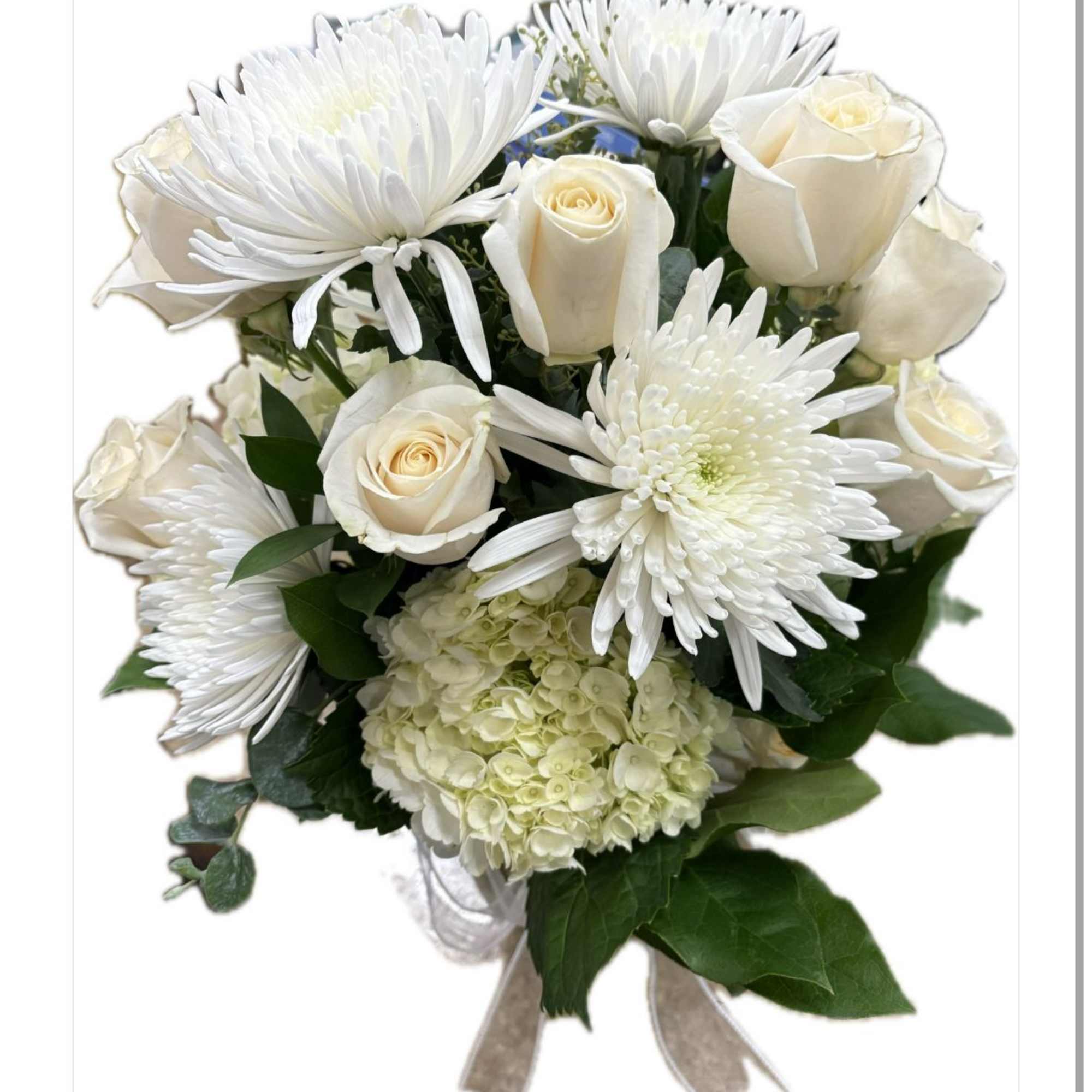 Tall white arrangement perfect for any occasion featuring white hydrengeas, white dozen
