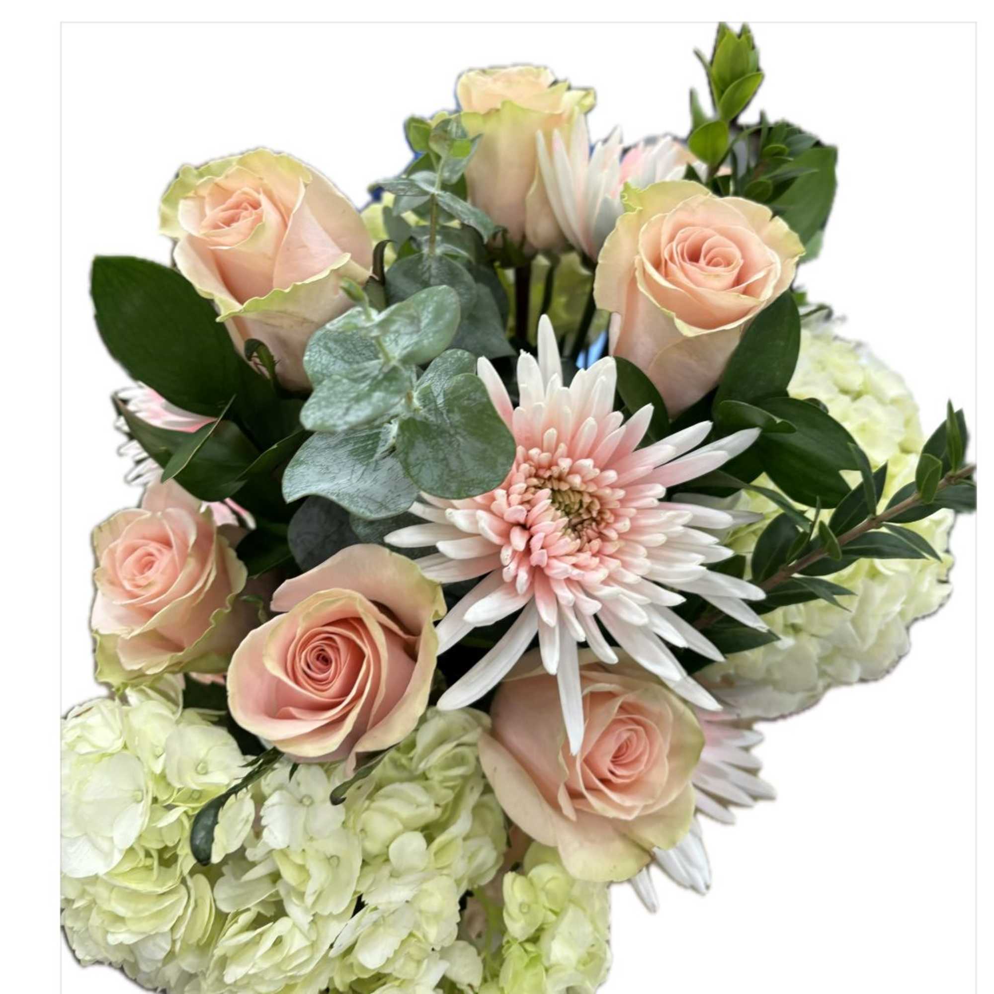 Greenery and 12 pale pink roses, white hydrengeas and white with pink