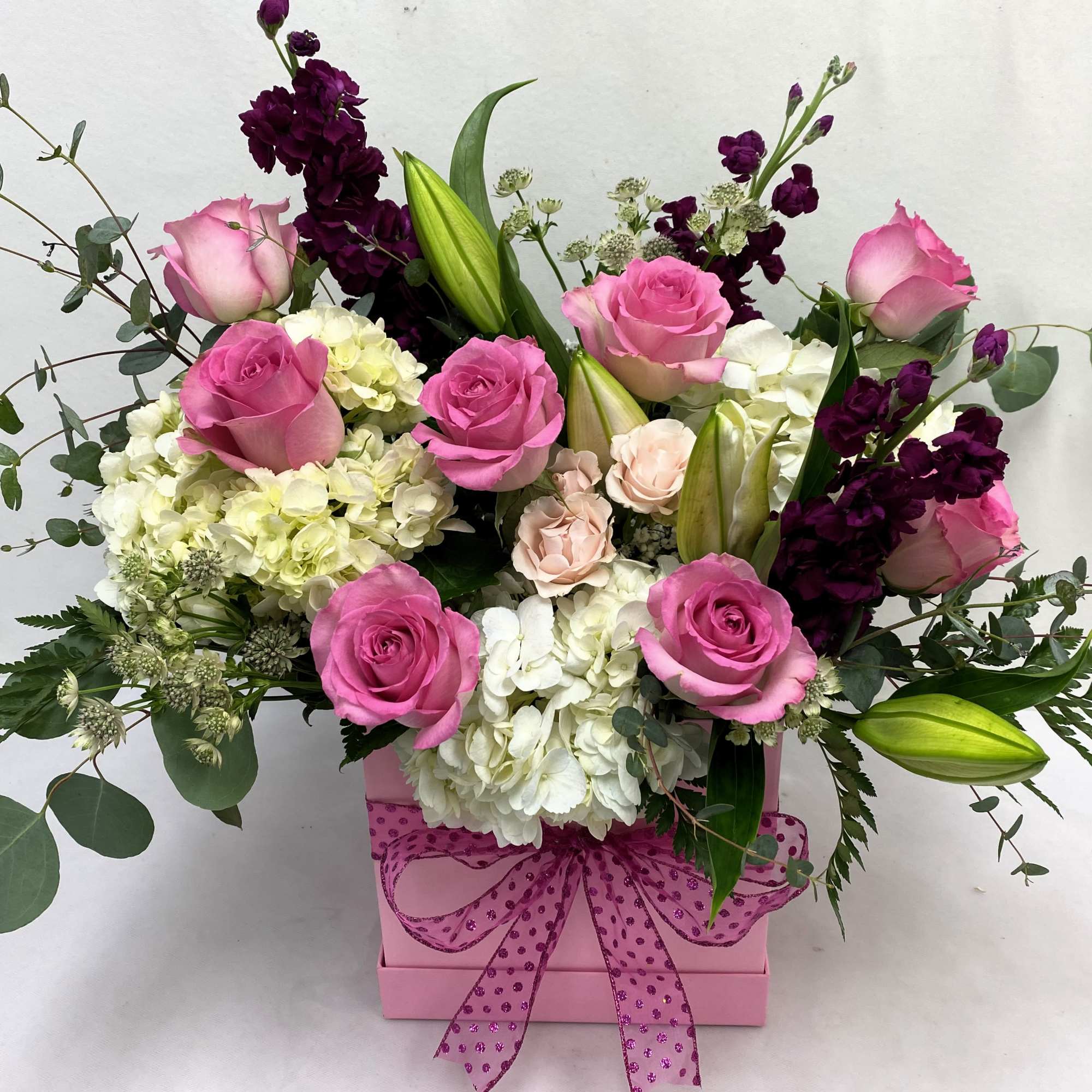 Girly girl , Baby girl flower arrangement in a pink square box.