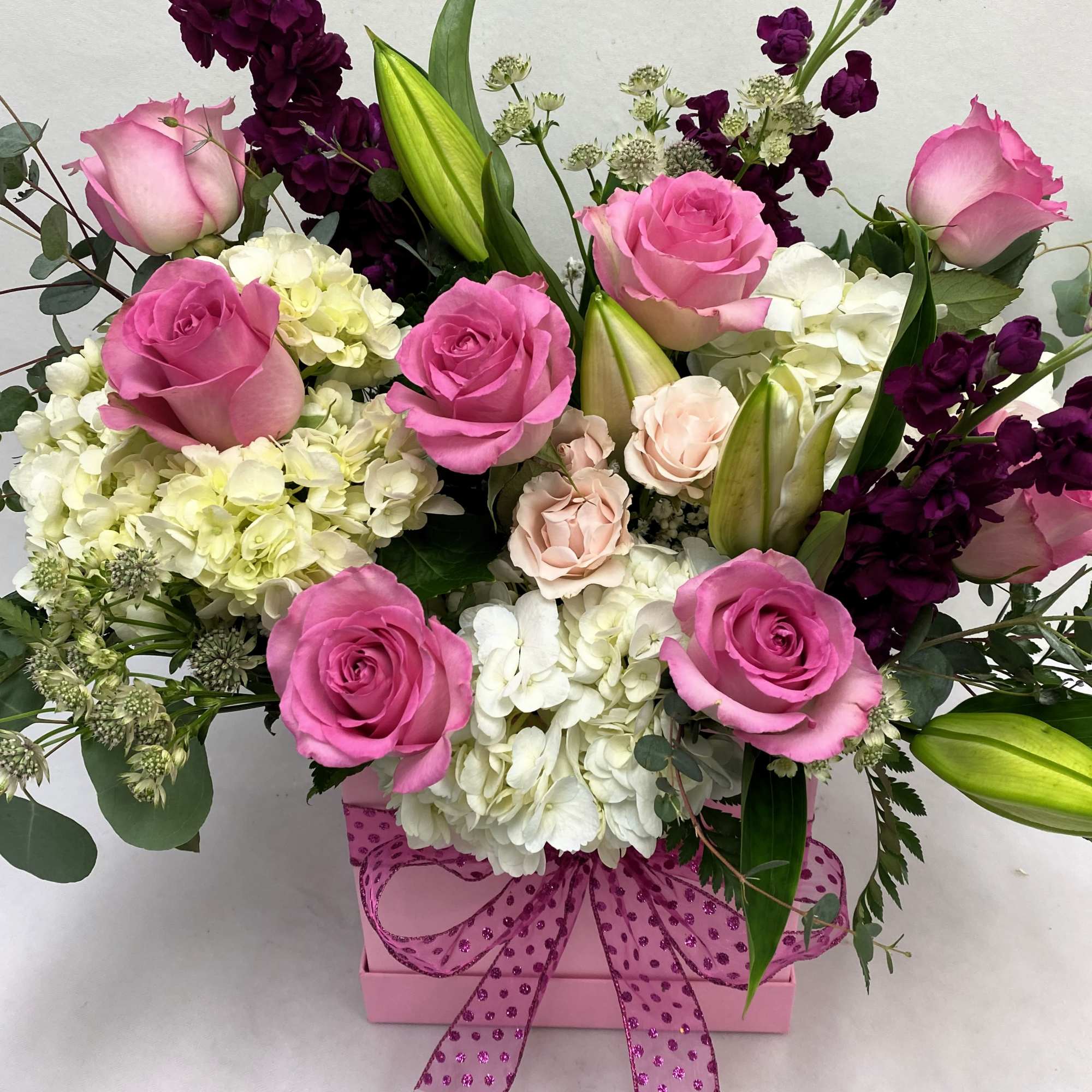 Girly girl , Baby girl flower arrangement in a pink square box.