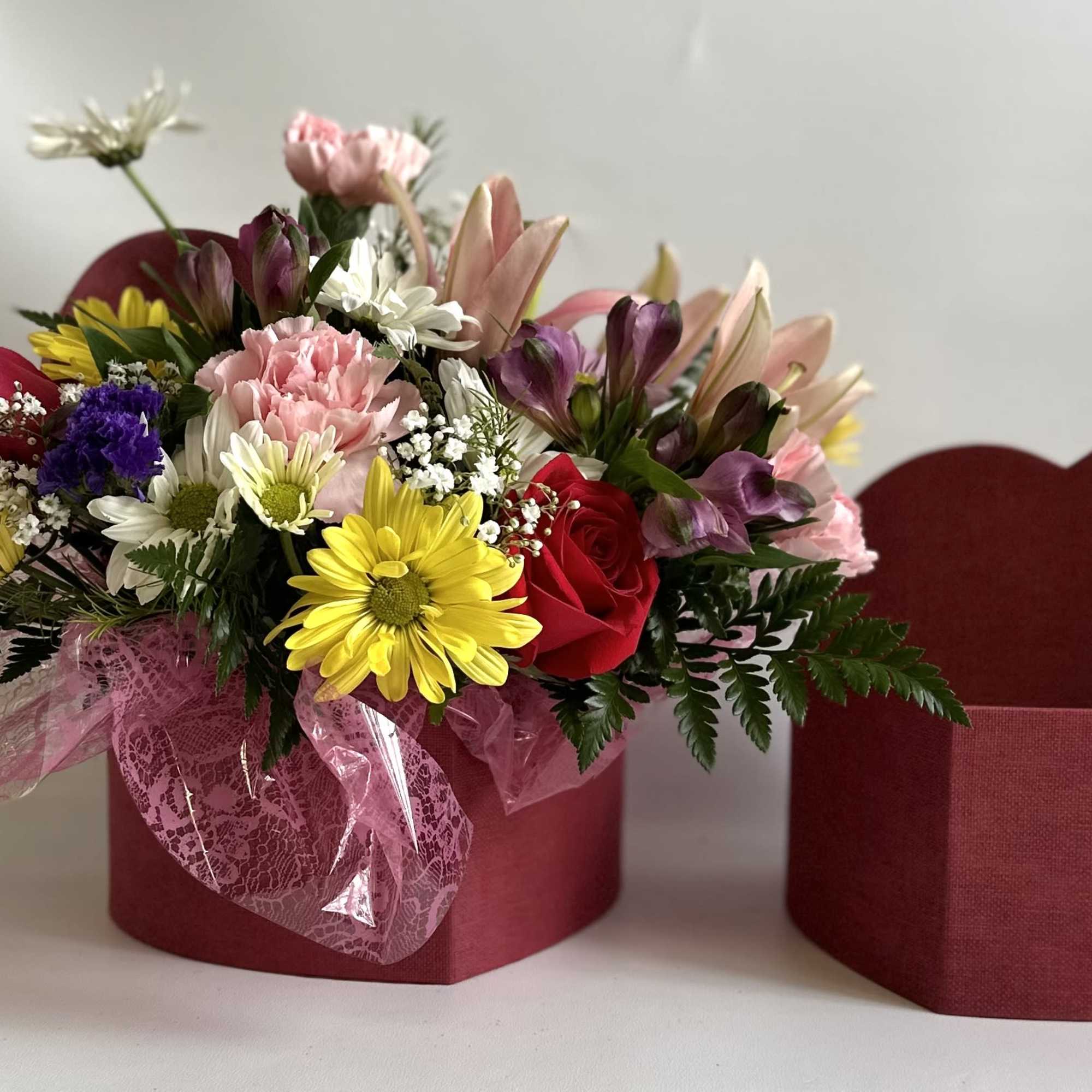 Fabric covered Heart Box Keepsake filled with Roses, Daisies, Carnations and Lilies. Fabric covered Heart Box Keepsake filled with Roses, Daisies, Carnations and Lilies.