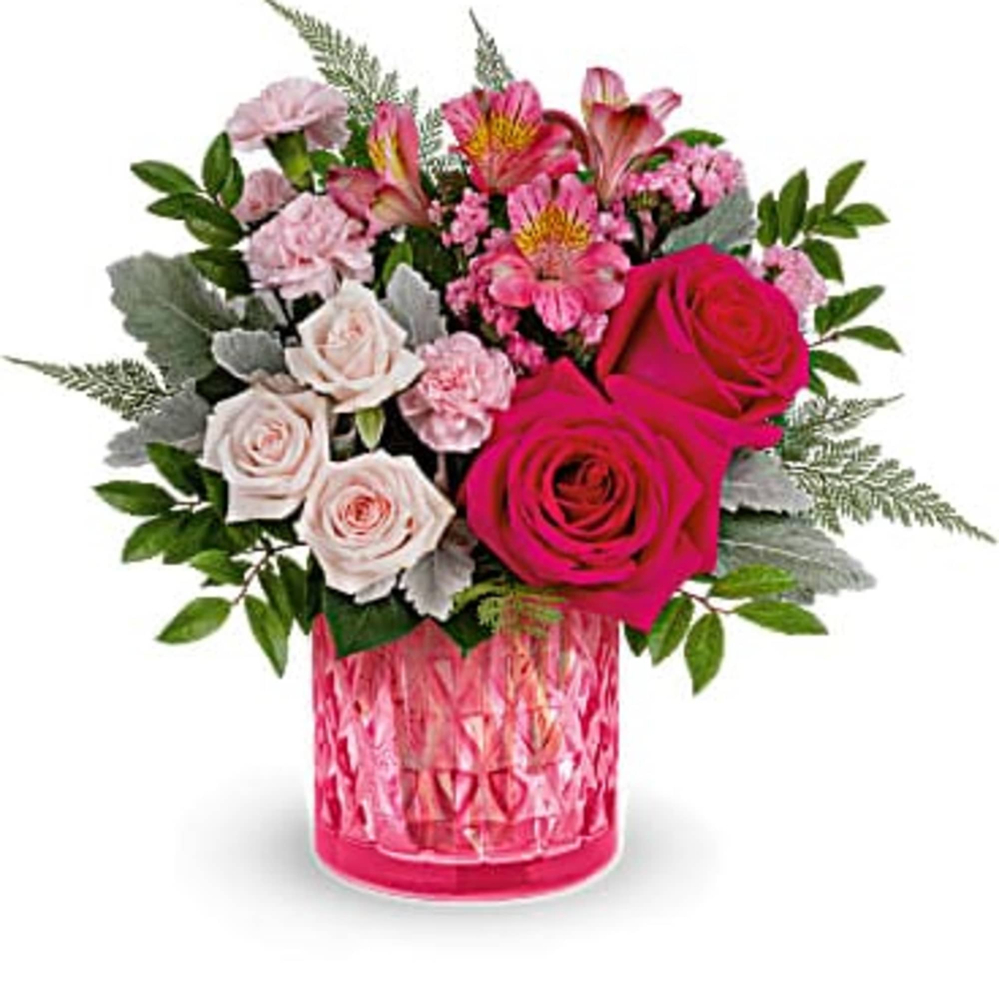 Take her breath away with this stylish pink rose bouquet, presented in
