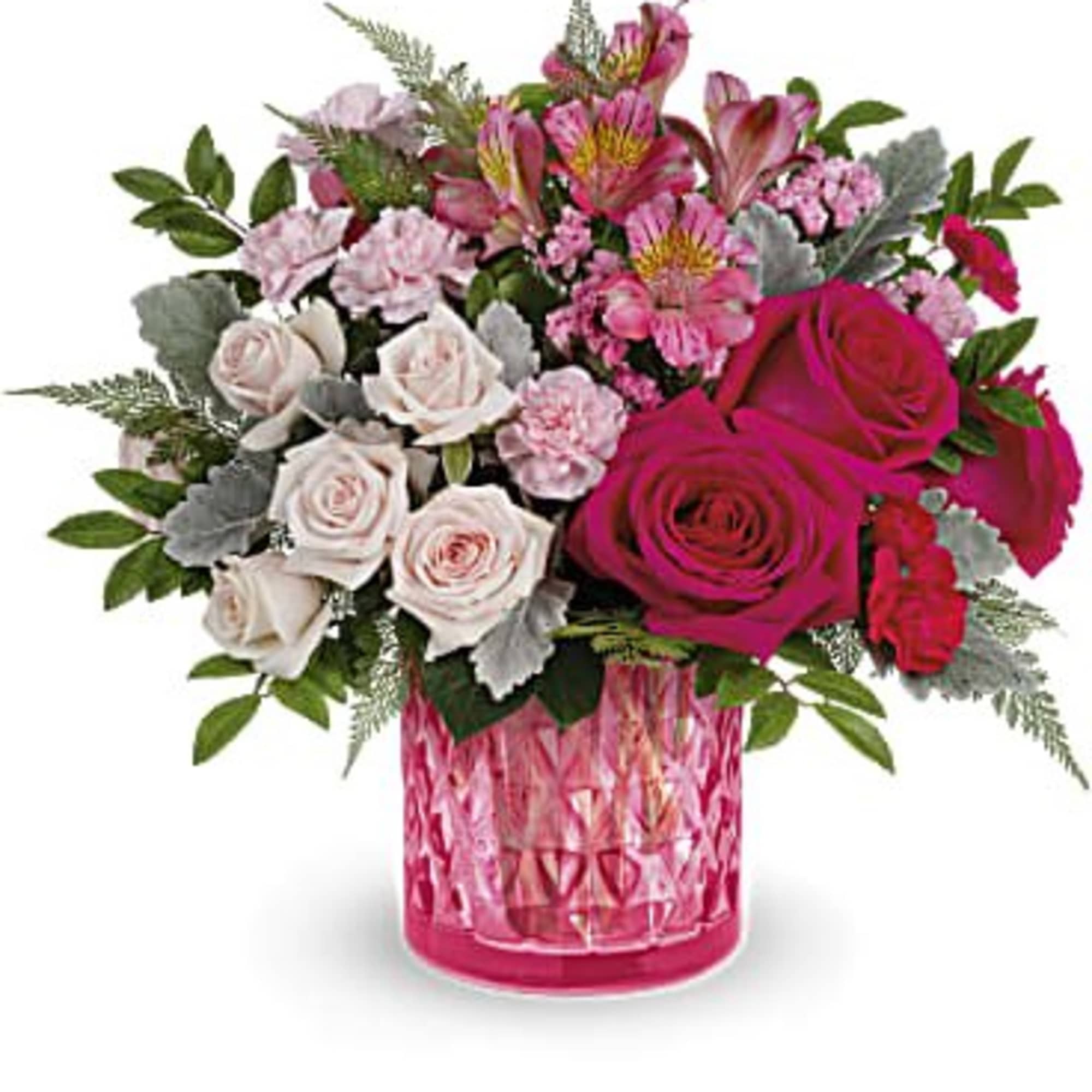Take her breath away with this stylish pink rose bouquet, presented in