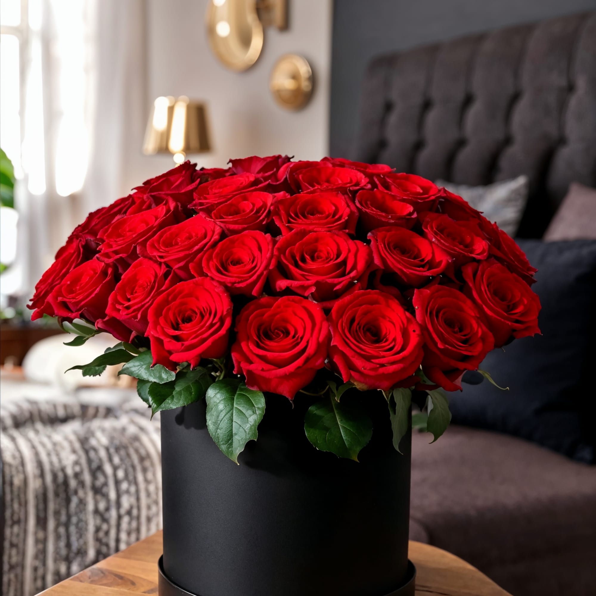 Capturing love in every petal. Red roses in sleek black hatboxes -