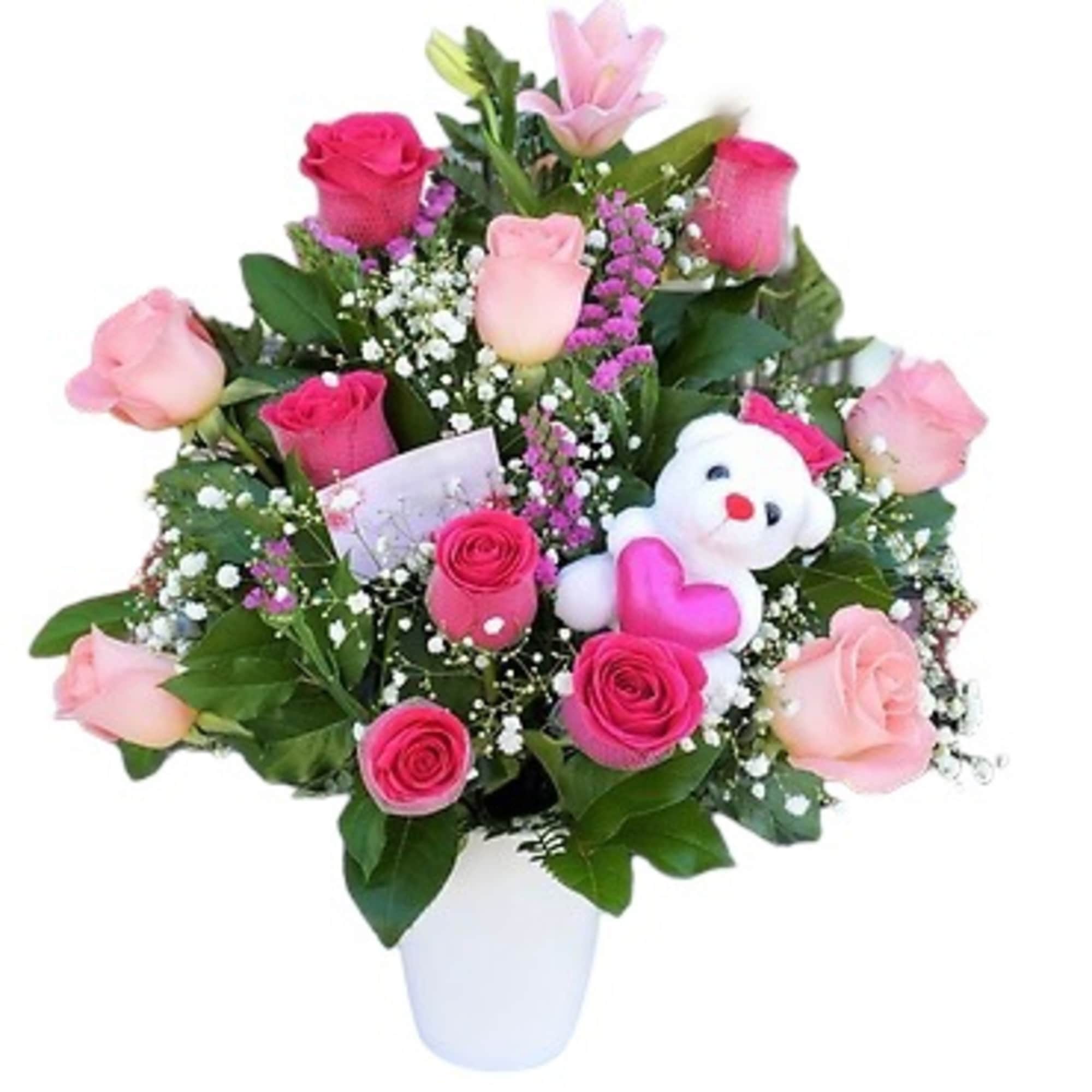 This Breathtaking Arrangement is composed of:

Flower Stems: 12 Premium Pink &amp; Light
