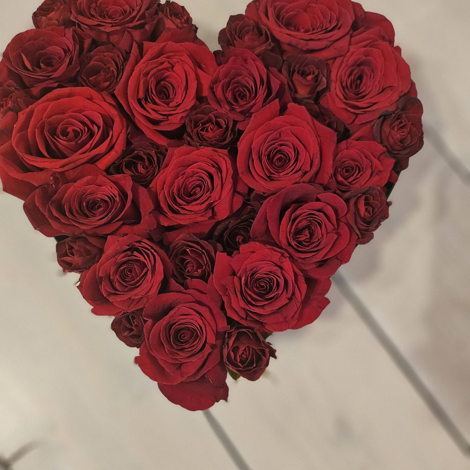 This heart shapped box is filled with 28-30 roses, and 15 spray This heart shapped box is filled with 28-30 roses, and 15 spray