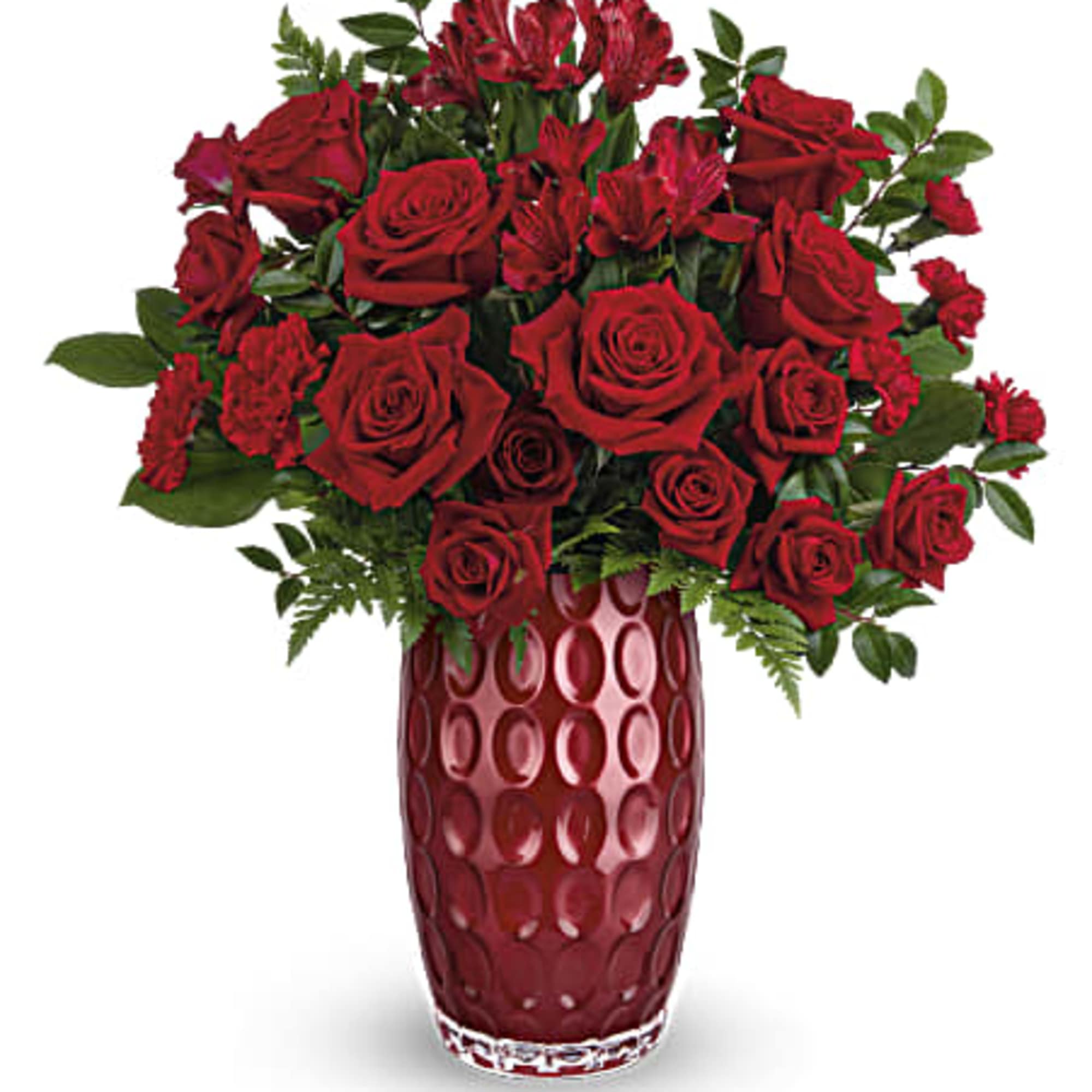 Red hot! Arranged with a ravishing all-red bouquet, this glass keepsake vase