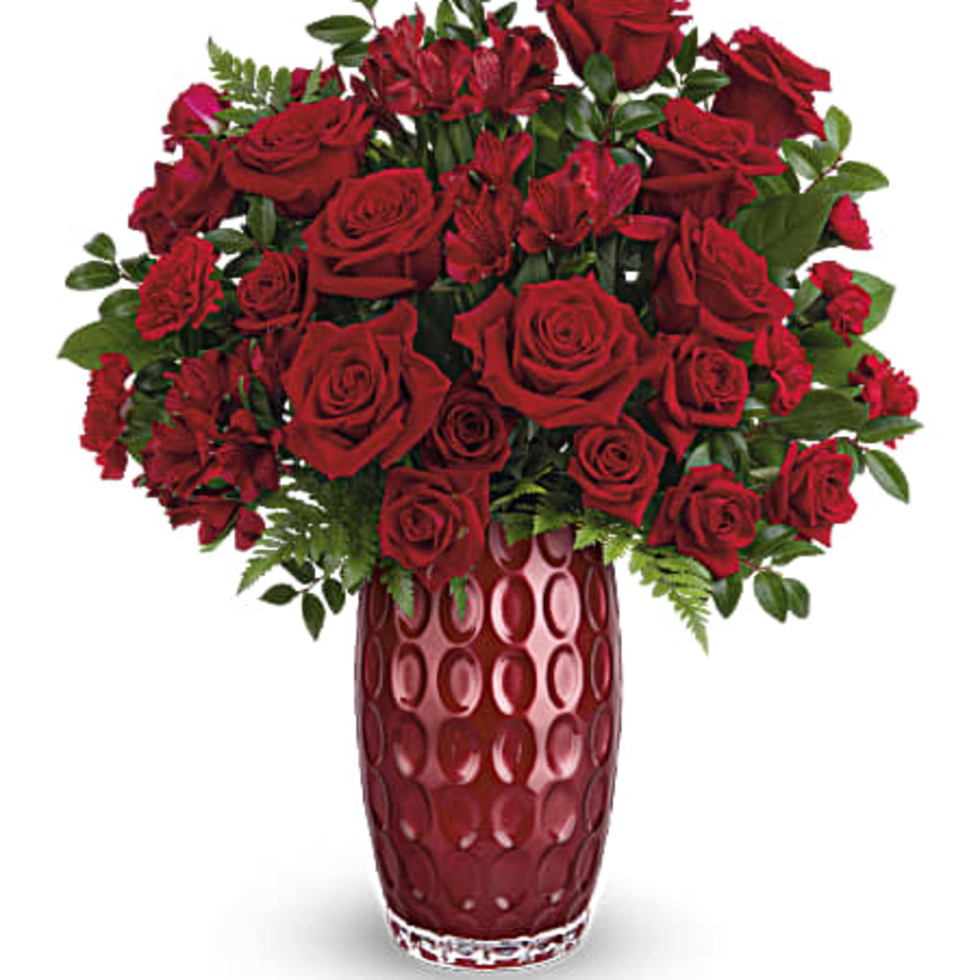 Red hot! Arranged with a ravishing all-red bouquet, this glass keepsake vase