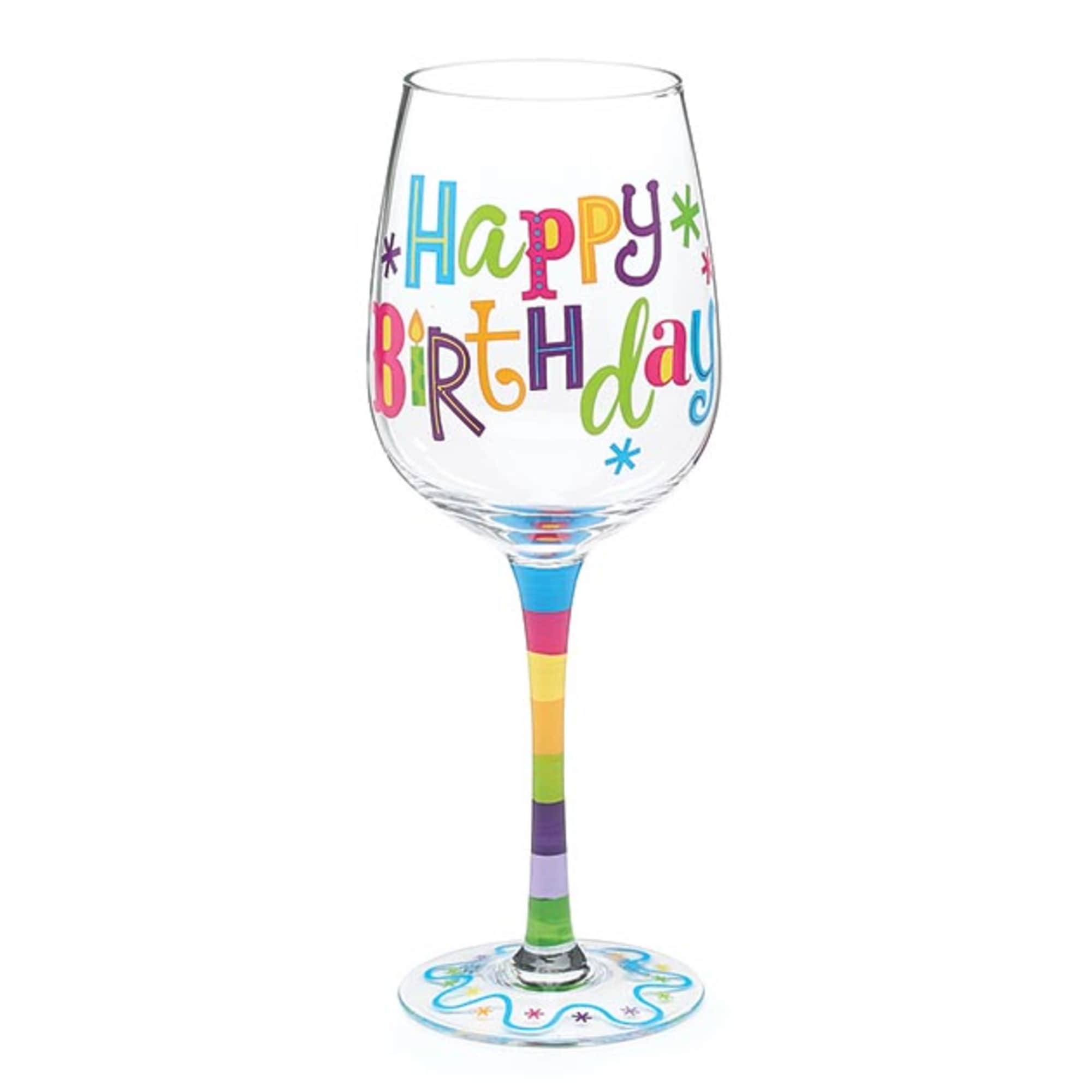 
Wine glass with a multicolored happy birthday message and a multicolored stem.